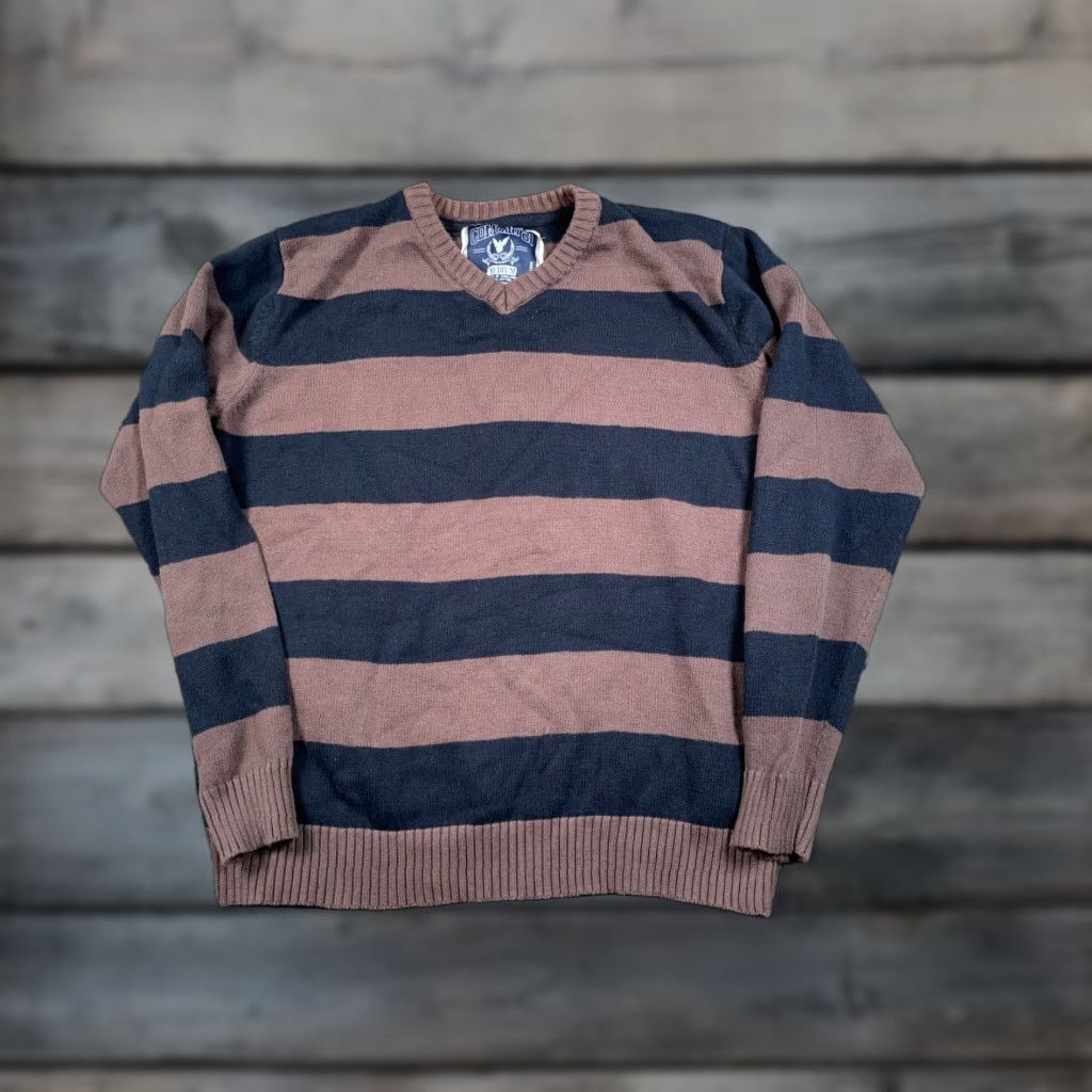 Vintage Company 81 Sweater Adult Medium Brown Striped V-Neck Cotton Knit Heavyweight Pullover Preppy Hipster Mens Size US M / EU 48-50 / 2 - 1 Thumbnail