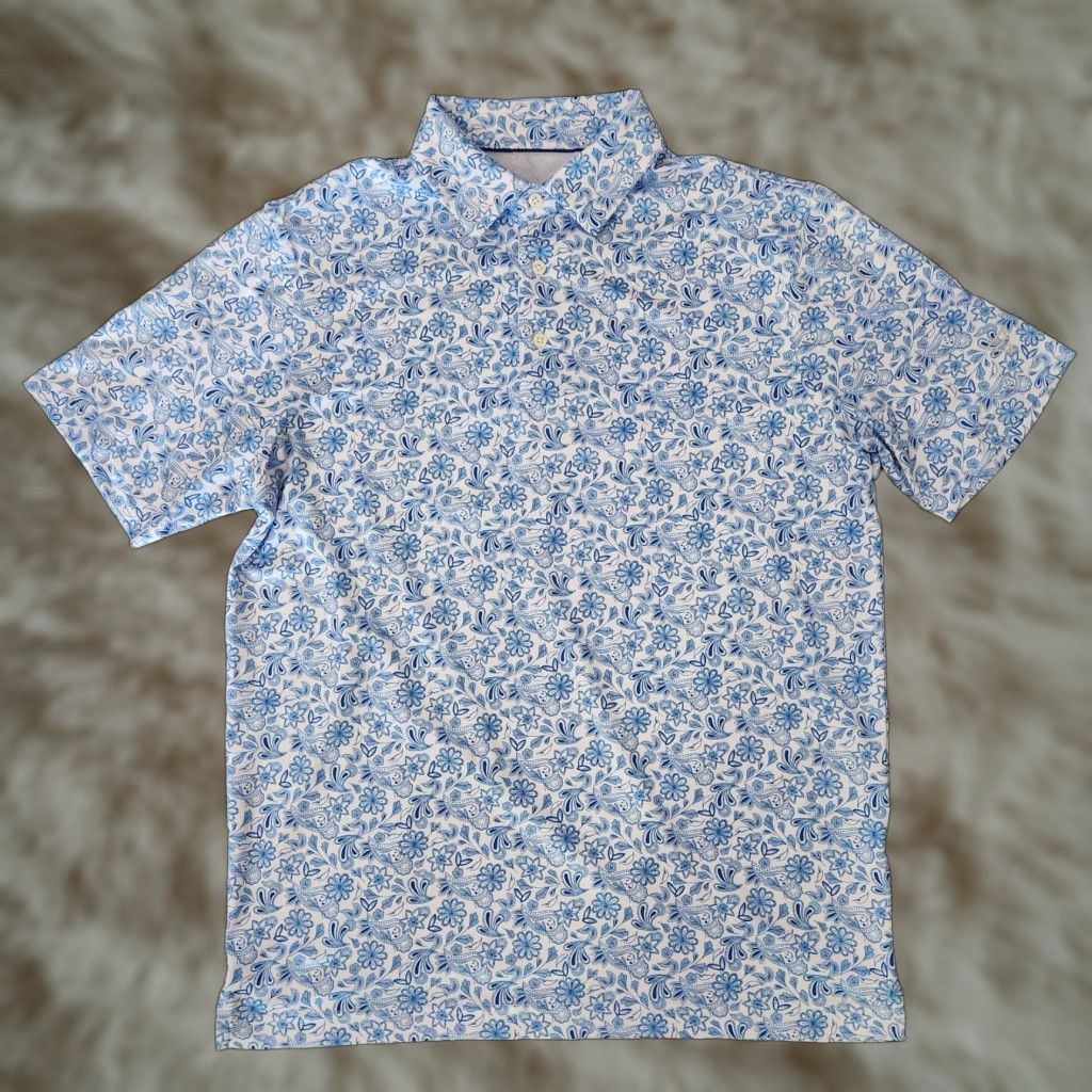 Vintage Maelreg Performance Polo Floral Paisley Pattern Blue Shirt Mens M Regular Short Sleeve Golf AOP Lightweight Stretch Breathable Button Logo Embroidered Size US M / EU 48-50 / 2 - 1 Thumbnail