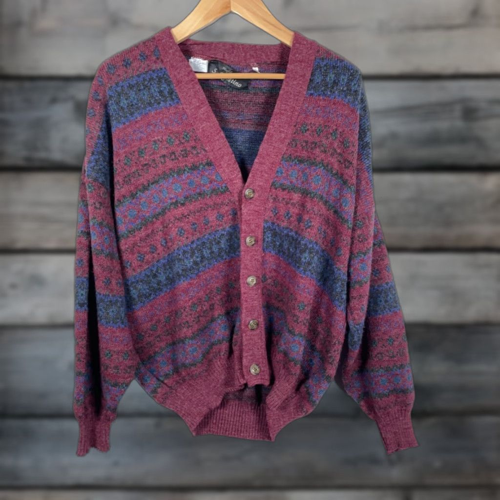 Vintage VINTAGE S. Agostino Cardigan Sweater Men's Large L Red Blue Fair Isle Knit Wool Acrylic V-Neck Casual 90s Retro Size US L / EU 52-54 / 3 - 1 Thumbnail