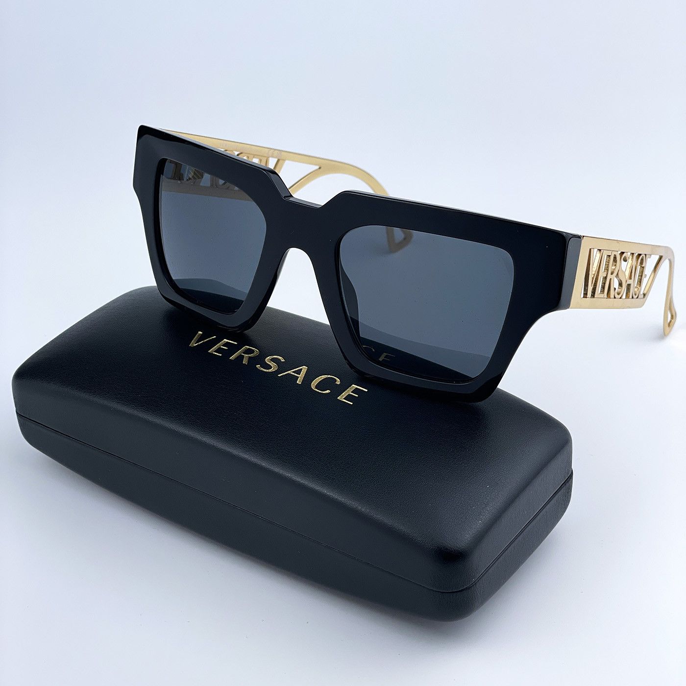 image of New Versace Ve4431 Gb1/87 Square Logo Women Sunglasses in Black/Grey