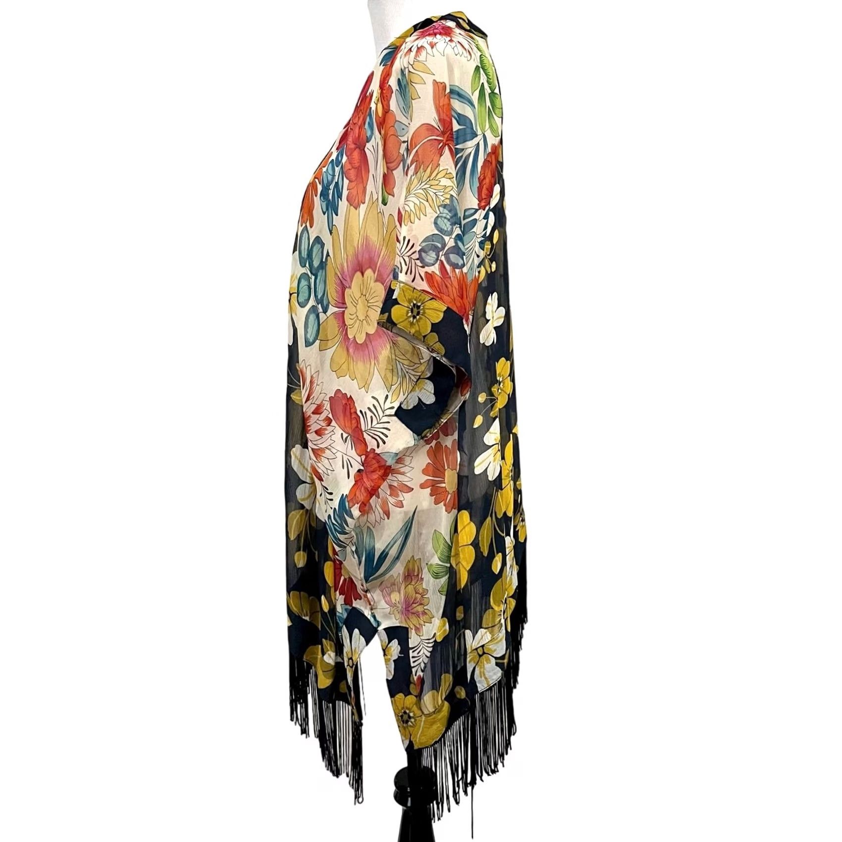 Steve Madden Steve Madden Kimono Cardigan Sheer Floral Butterfly Boho Festival Fringe O/S Women's One Size Multicolor Pattern Florals Cover Up Size ONE SIZE - 4 Thumbnail