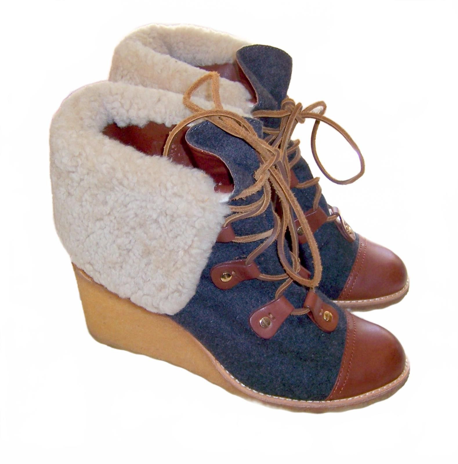 Tory Burch Tory Burch Marley Flannel Wedge Boot -9.5M- Blue Denim/Brown Size US 9.5 / IT 39.5 - 4 Thumbnail