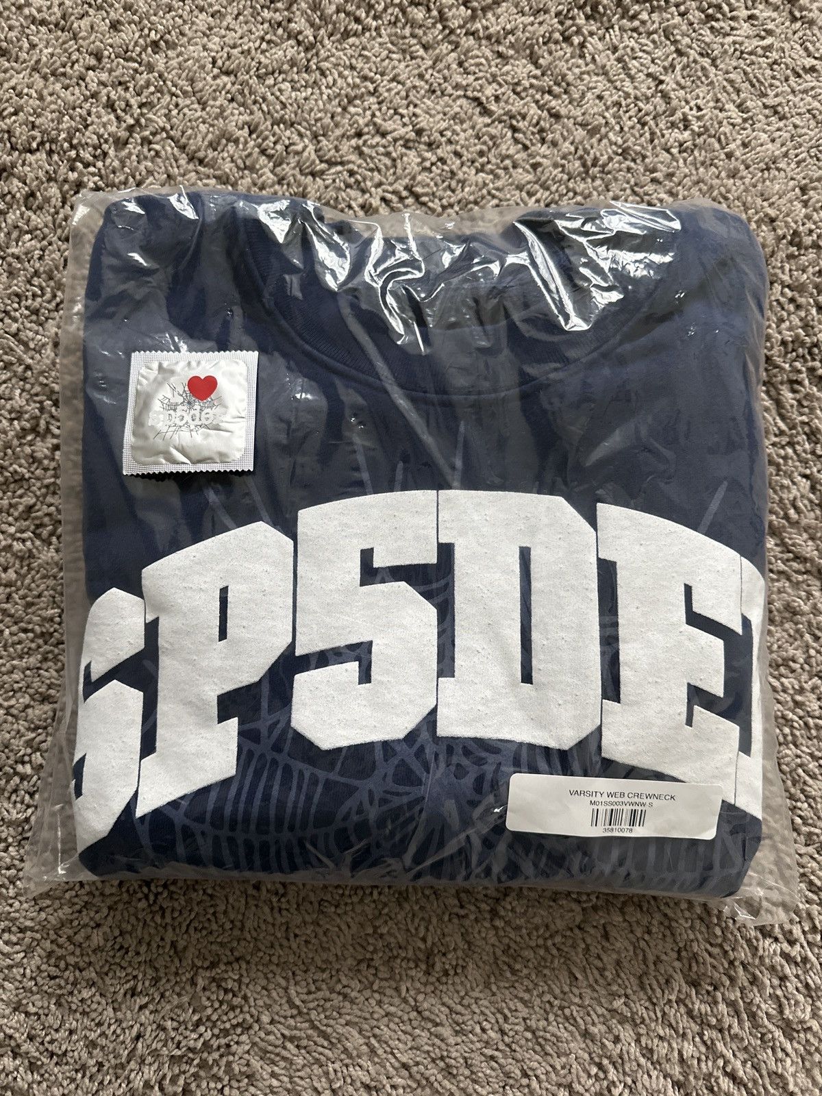 Image of Spider Worldwide Sp5Der Varsity Web Crew Neck in Navy, Men's (Size Small)