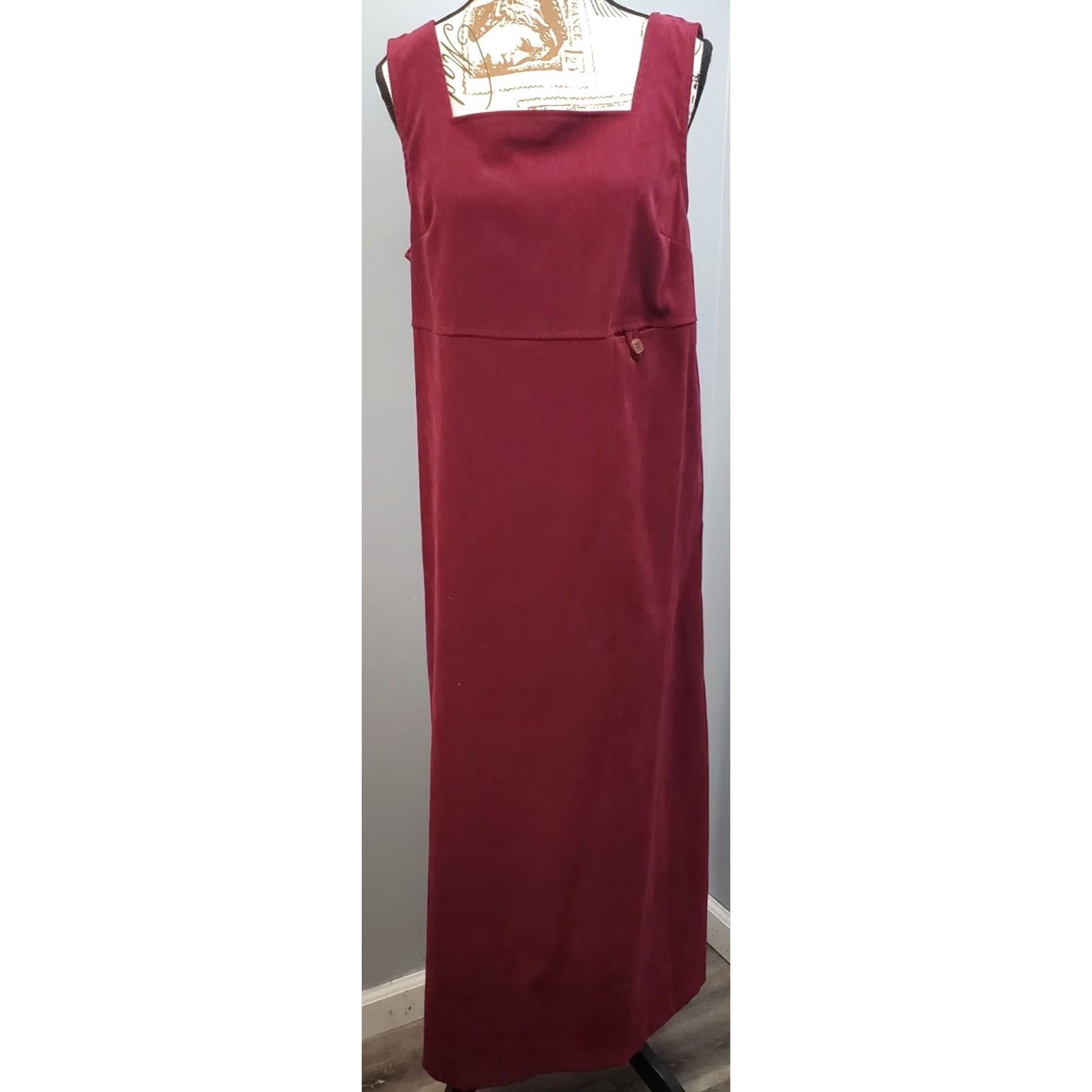 Vintage Teddi VTG Jumper Dress Womens Size M Dark Red Square Neck Side Button Sleeveless Maxi Size M / US 6-8 / IT 42-44 - 2 Thumbnail