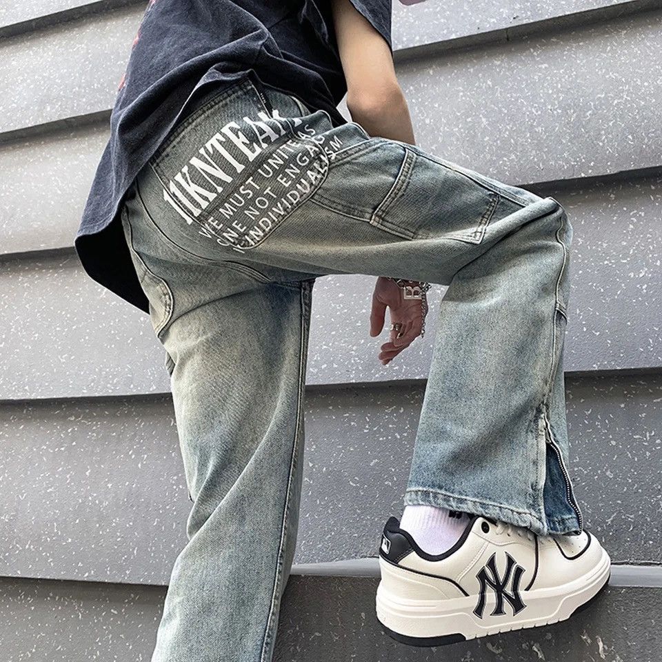 Japanese Brand Casual Letter Print Womans Denim Pants Baggy Size US 33 - 2 Thumbnail