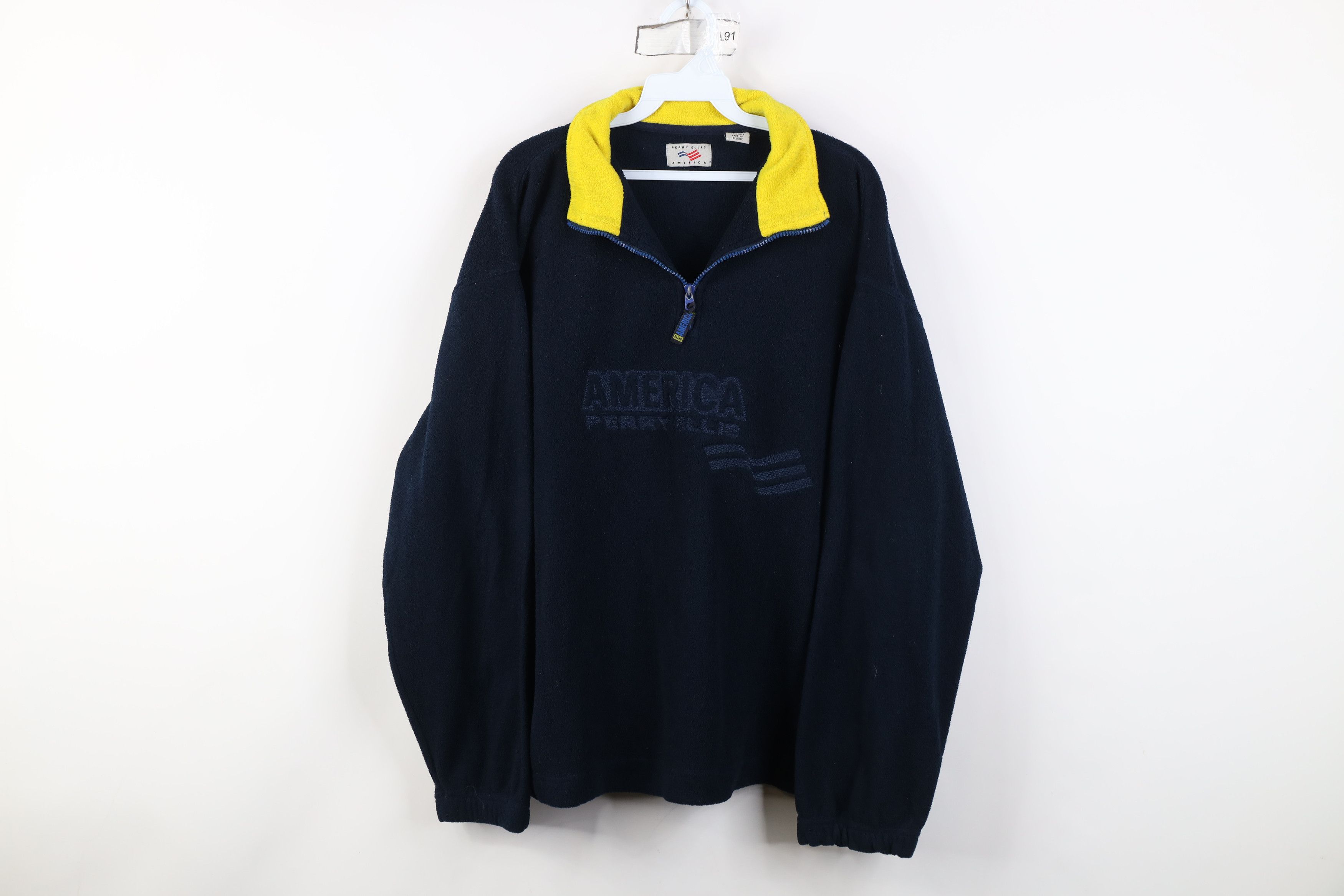 Vintage Vintage 90s Perry Ellis Flag 1/4 Half Zip Fleece Sweater Size US L / EU 52-54 / 3 - 1 Thumbnail