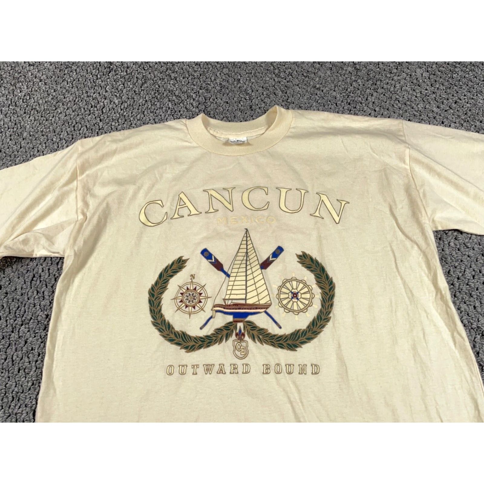 Vintage VINTAGE Cancun Outward Bound Sailboat T-Shirt Adult 2XL Ivory Short Sleeve Crew Neck Cotton Logo 90s Mens Size US XXL / EU 58 / 5 - 7 Thumbnail