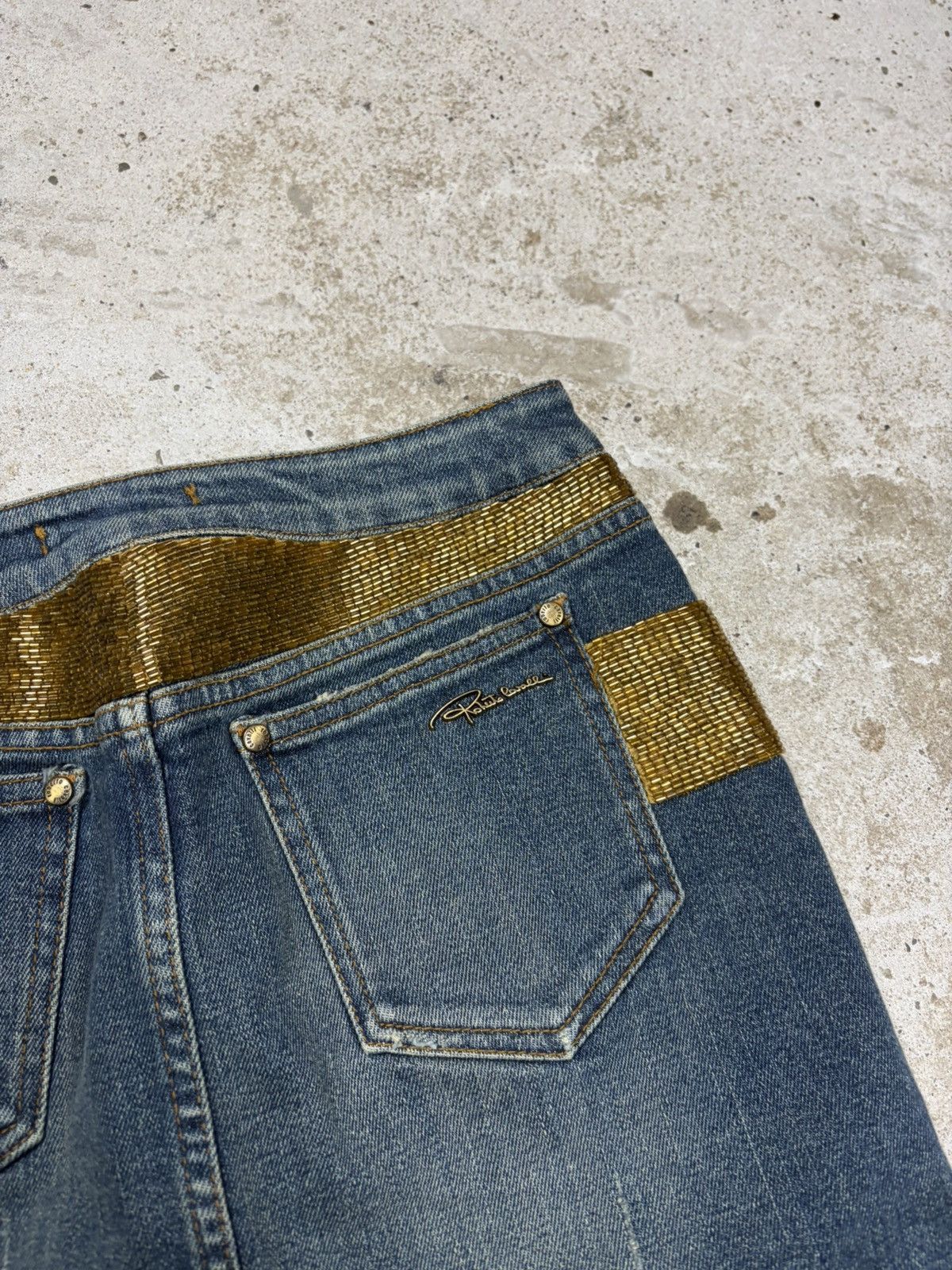 Roberto Cavalli 2005 Roberto Cavalli Rare Mini Denim Skirt Gold Beaded Panel Size 26" / US 2 / IT 38 - 16 Thumbnail
