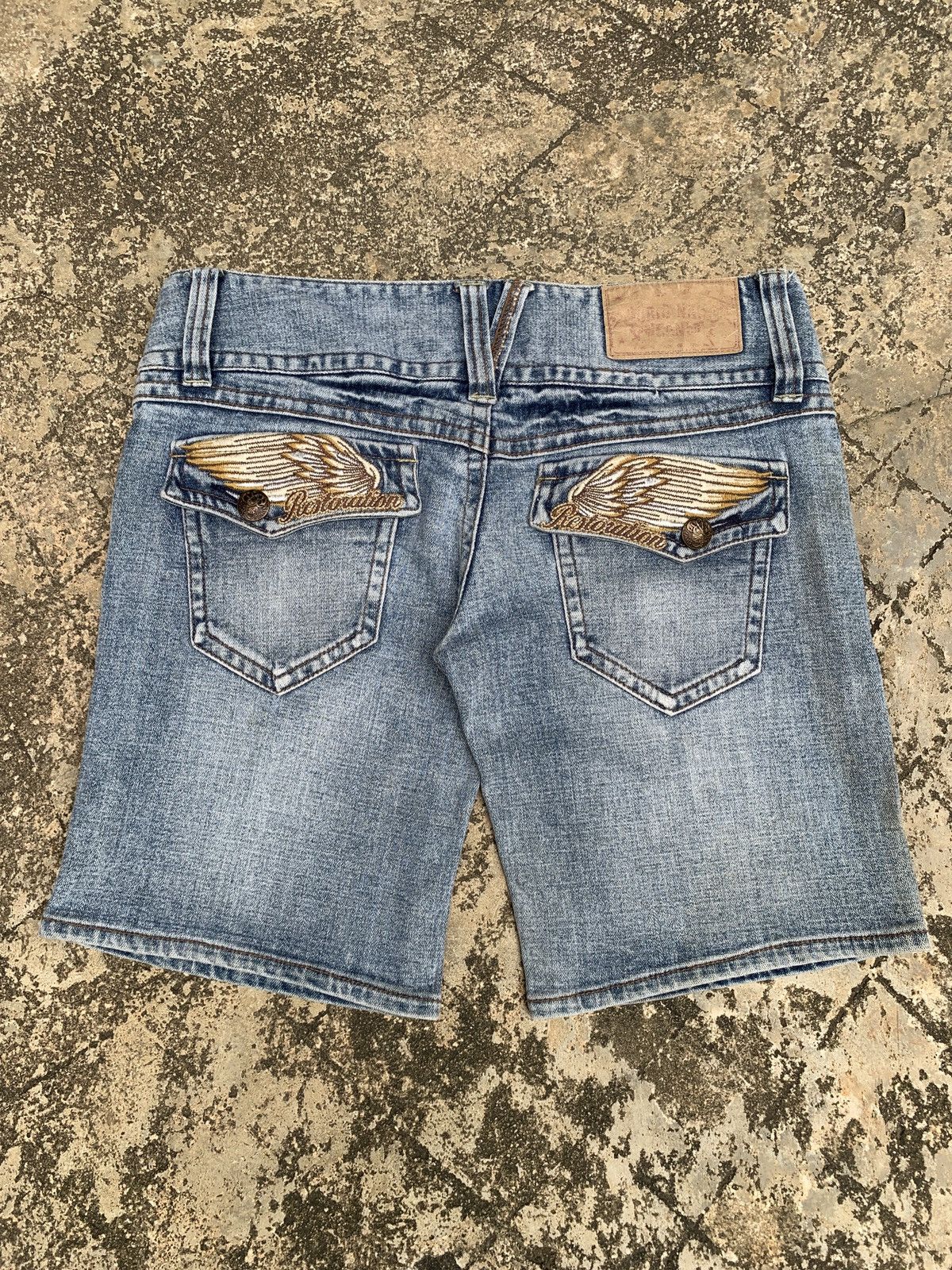 Japanese Brand × Vintage y2k Heaven Wings Skull Motorcycles Big Embroidery Jorts Size 31" - 1 Thumbnail
