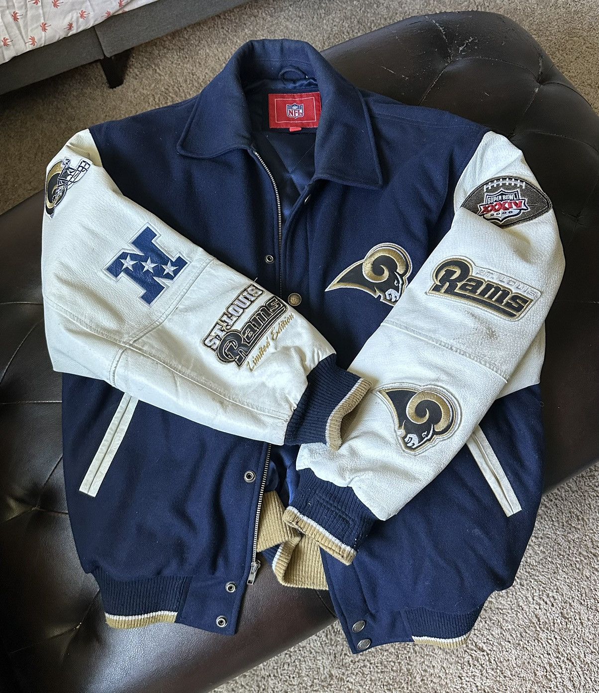 image of Nfl x Vintage 2000 Super Bowl Champion Leather Jacket in Blue, Men's (Size Large)