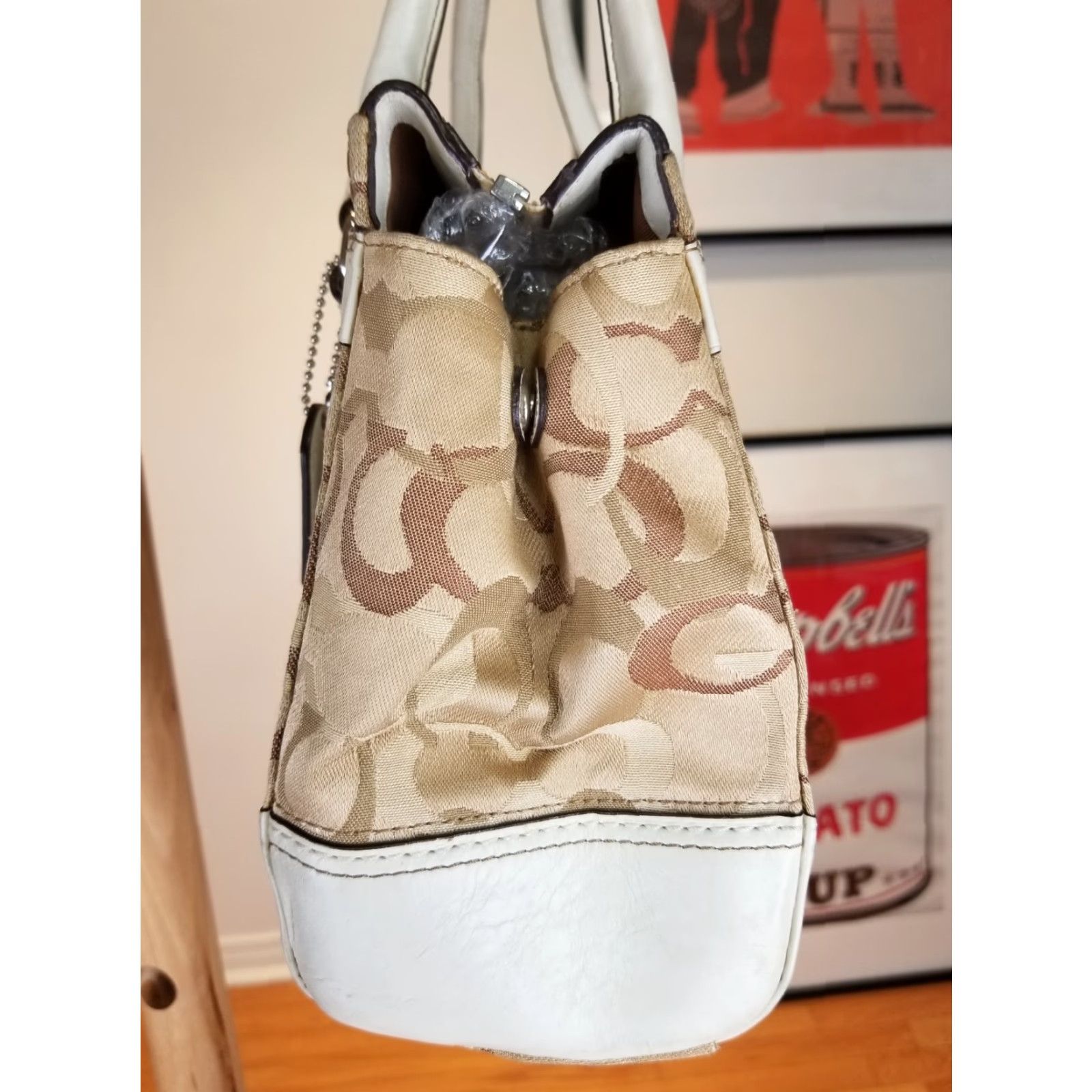 Coach VINTAGE COACH BEIGE SHOULDER HANDBAG SZ 12"X8"X3" Women Bag, Checkered Leather PVC, Lined, Shoulder Bag, 90s, Mens Womens Size ONE SIZE - 5 Thumbnail
