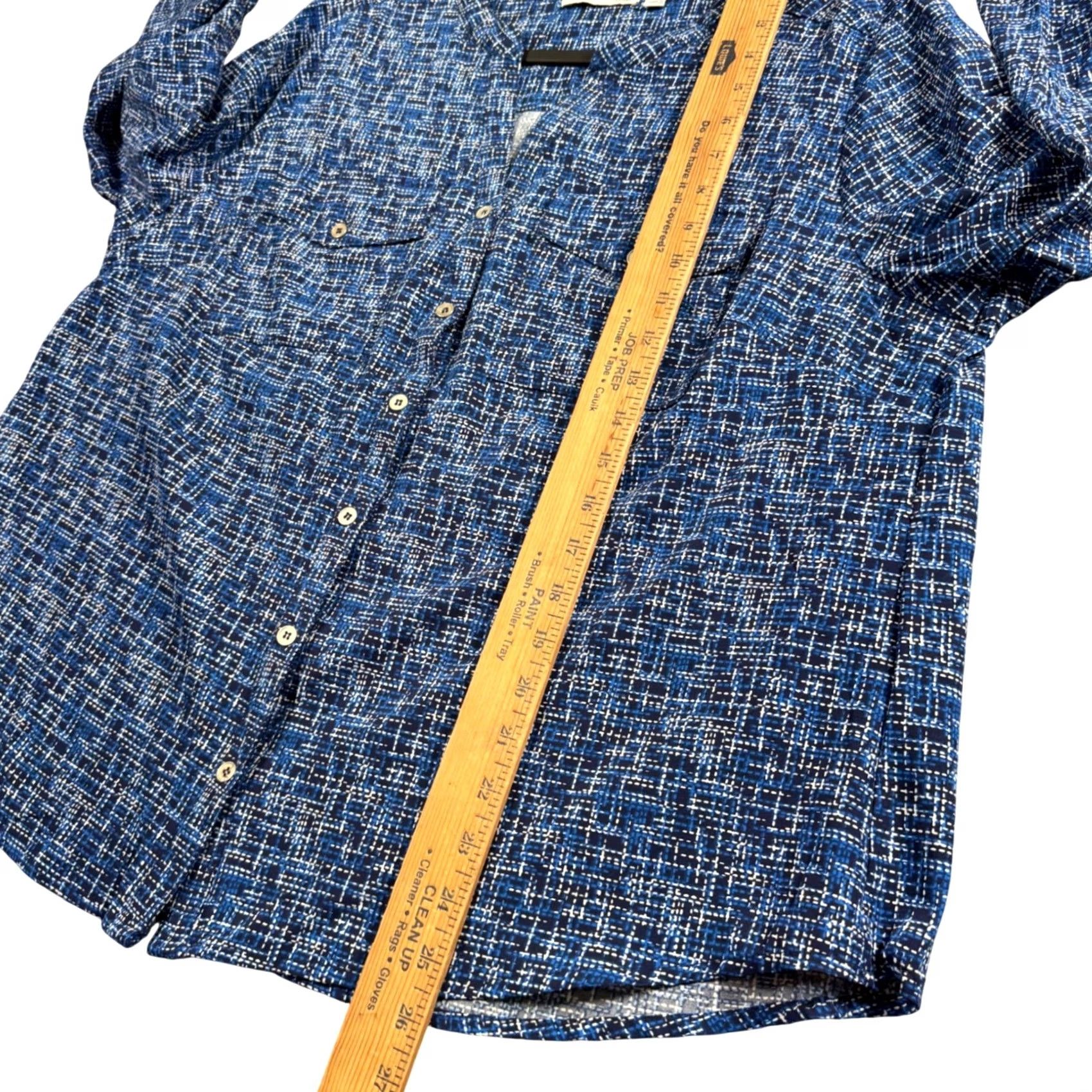 Vintage Notations Blue Abstract Blouse Plus Size 1X Boho Roll Tab Sleeve V-Neck Button Up Shirt Size XL / US 12-14 / IT 48-50 - 7 Thumbnail
