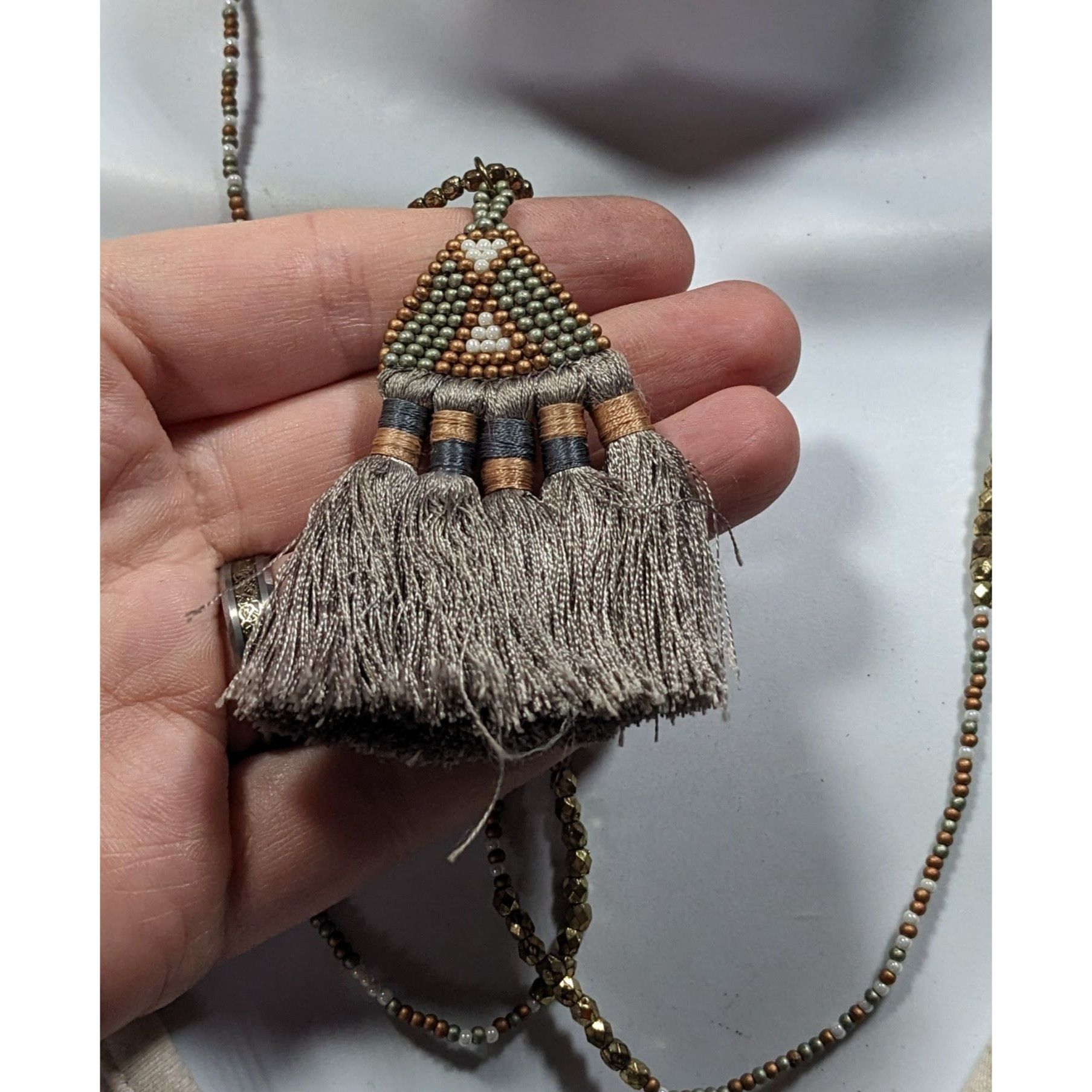 Other Handmade Boho Grey And Gold Tone Glass Beaded Thread Tassel Size ONE SIZE - 3 Thumbnail
