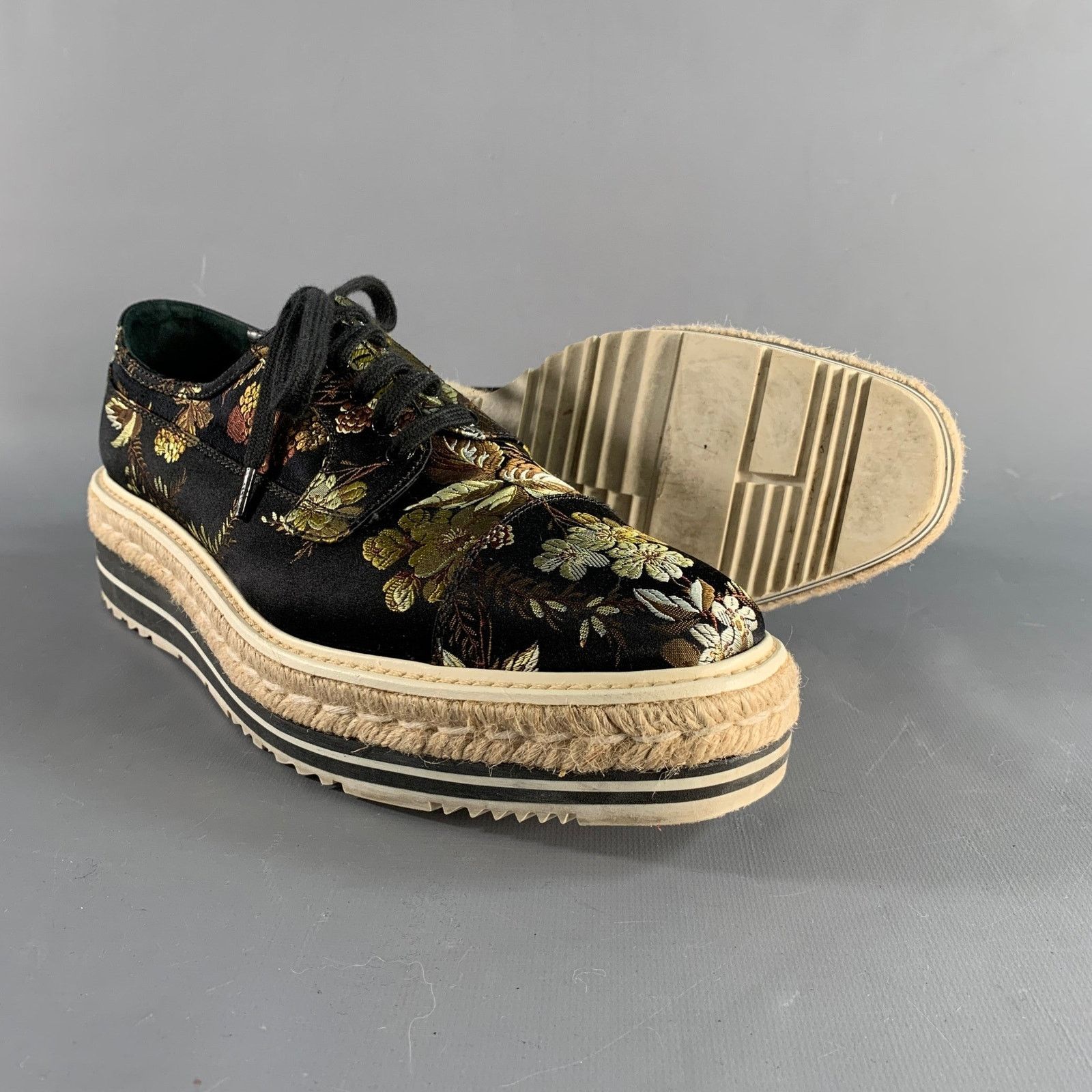 Prada PRADA Black Multi-Color Jacquard Floral Platform Laces Size US 11 / IT 41 - 5 Thumbnail