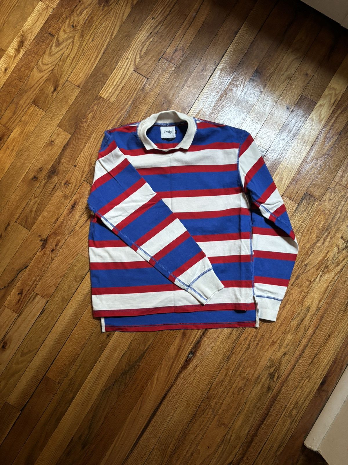 (SIZE M) Drake’s Wide Stripe Mock Collar Long-Sleeve Jersey