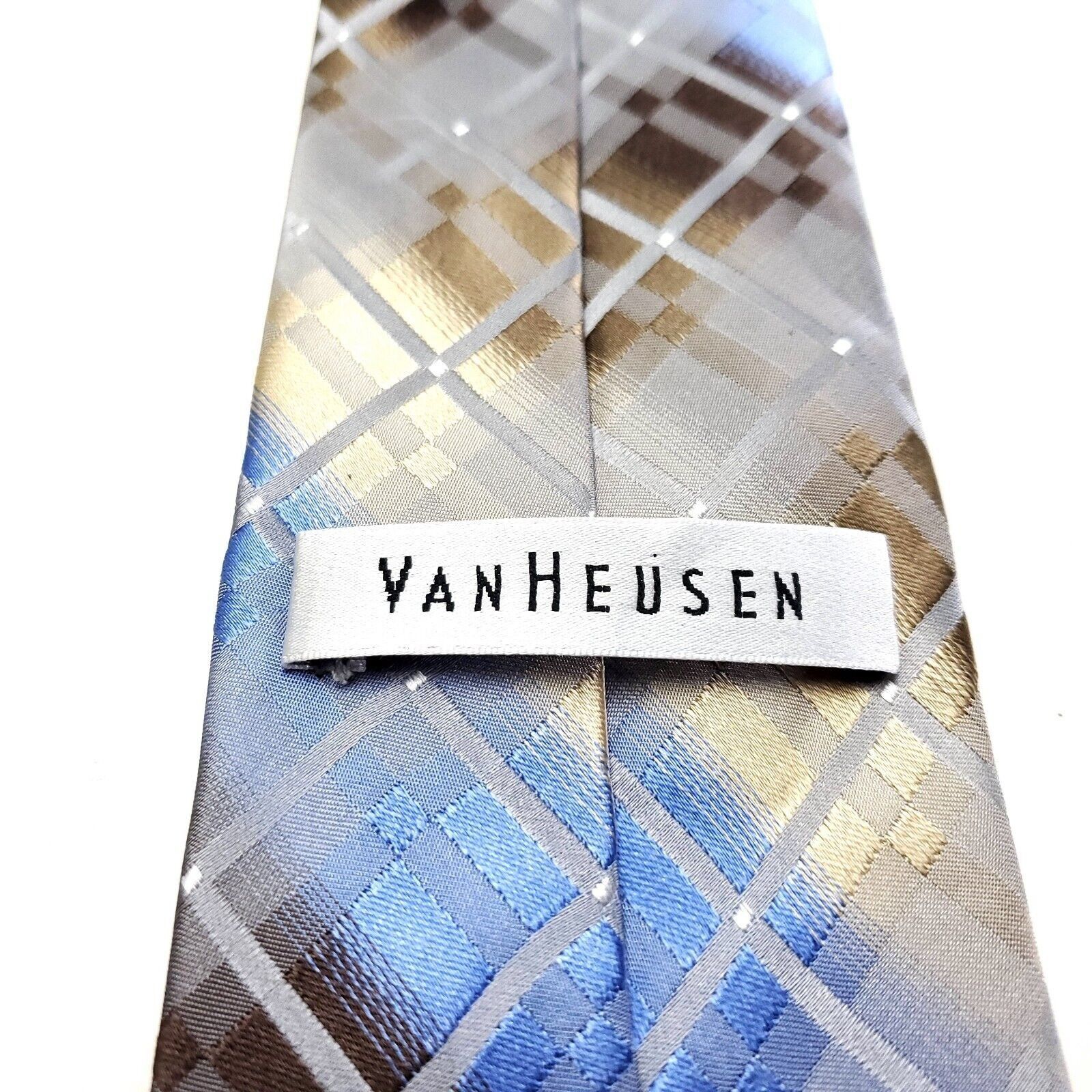 Van Heusen Van Heusen Silk Tie Brown Blue Plaid Woven Size ONE SIZE - 3 Thumbnail