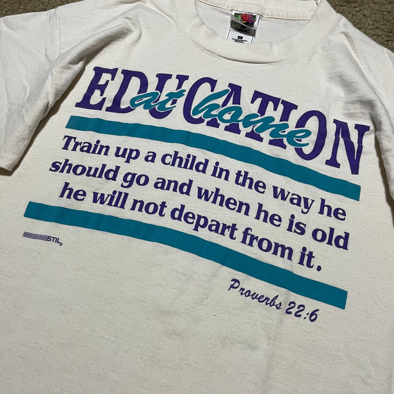 Fruit Of The Loom Vintage Single Stitch Christian Educated Proverbs 22:6 Shirt Size US L / EU 52-54 / 3 - 3 Thumbnail