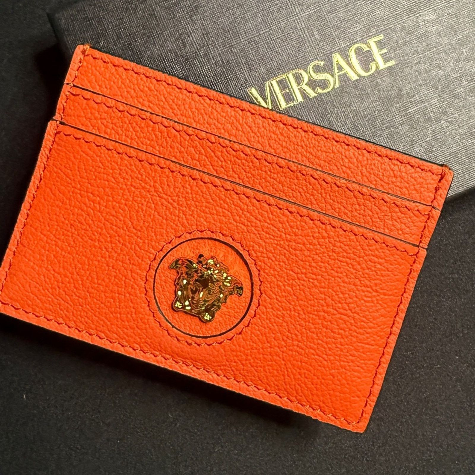 Versace Versace Vibrant Orange Card Holder with Gold Medusa Size ONE SIZE - 1 Thumbnail