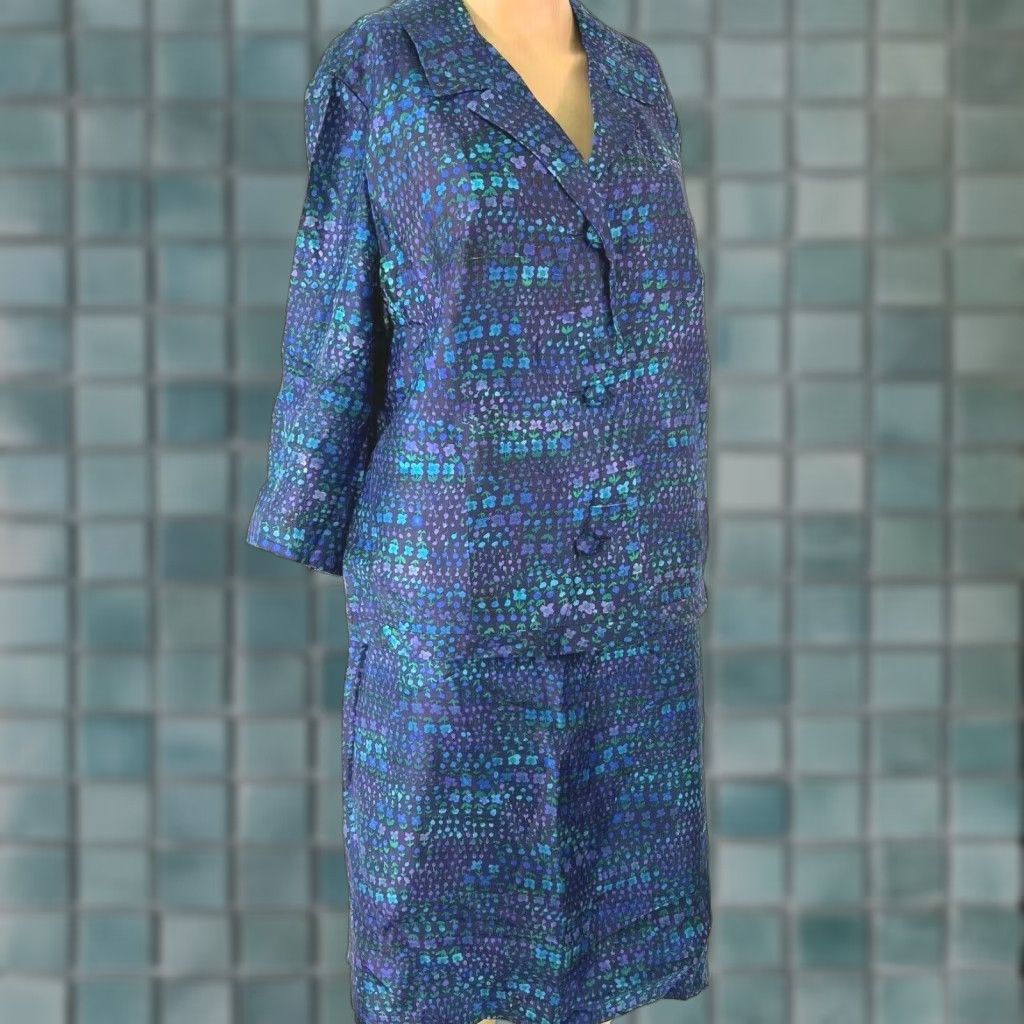 Vintage Renie Seide Women Floral Blue Suit Skirt Set 46 Casual Fall Spring Summer Winter Size 32" / US 10 / IT 46 - 1 Thumbnail