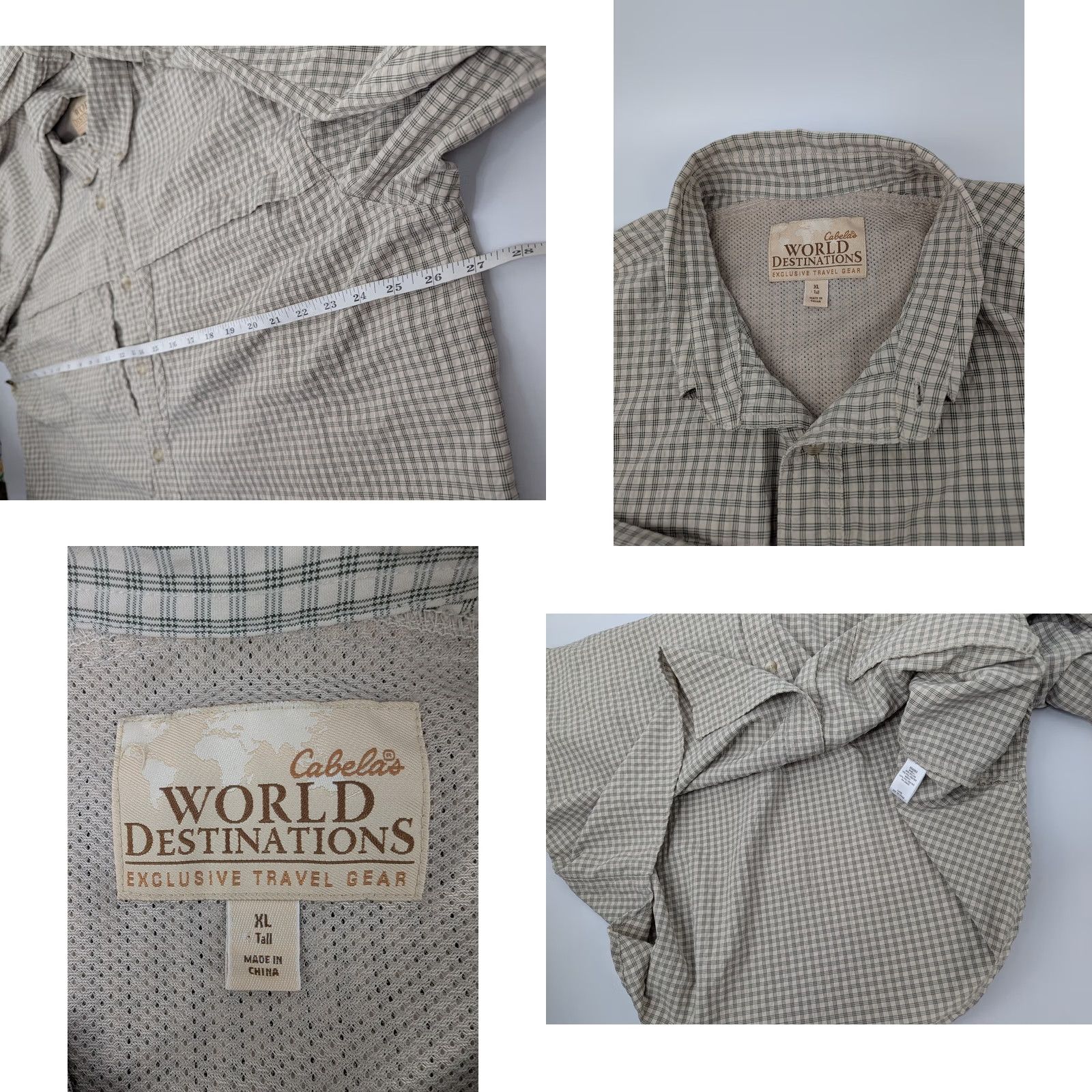 Vintage Cabela's Shirt Adult XL Tall Plaid Fishing Hunting Vented Lightweight Nylon Nylon/Polyester Beige Button-Down Collar All Seasons Regular Men XLT Size US XL / EU 56 / 4 - 9 Thumbnail