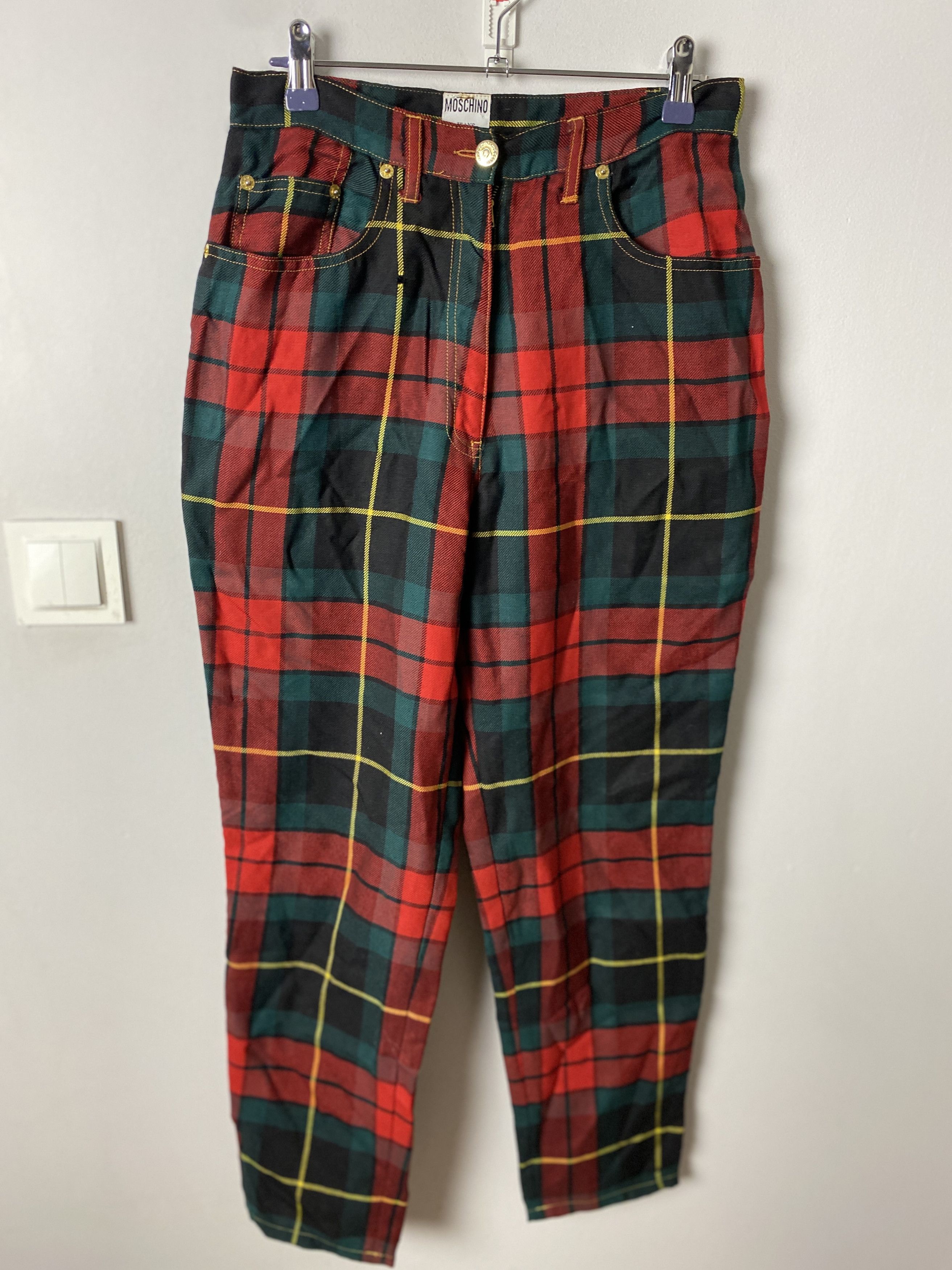 image of Moschino Vintage Checkered Wool Pants 90's in Green/Red, Women's (Size 30)