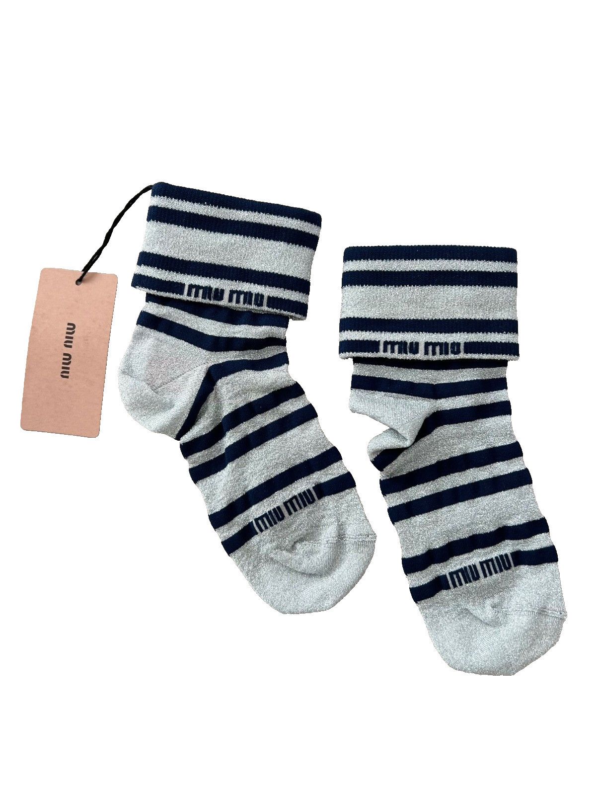Miu Miu Miu Miu Striped Navy Silver Cuffed Socks ( L ) Size ONE SIZE - 1 Thumbnail