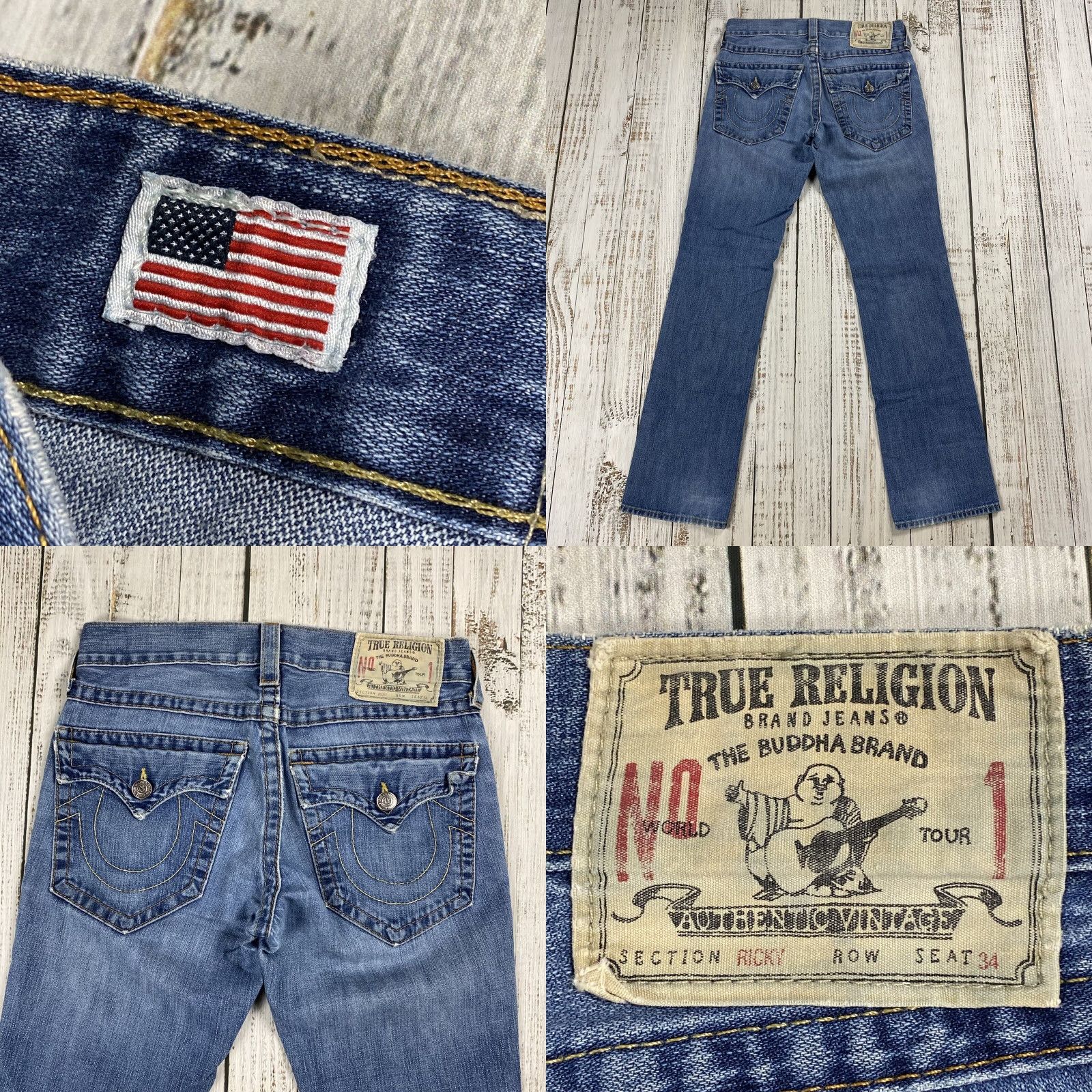 True Religion VINTAGE True Religion Ricky Straight Leg Distressed Denim Jeans Blue 29 (32x34) Mens 90s Size US 29 - 8 Thumbnail
