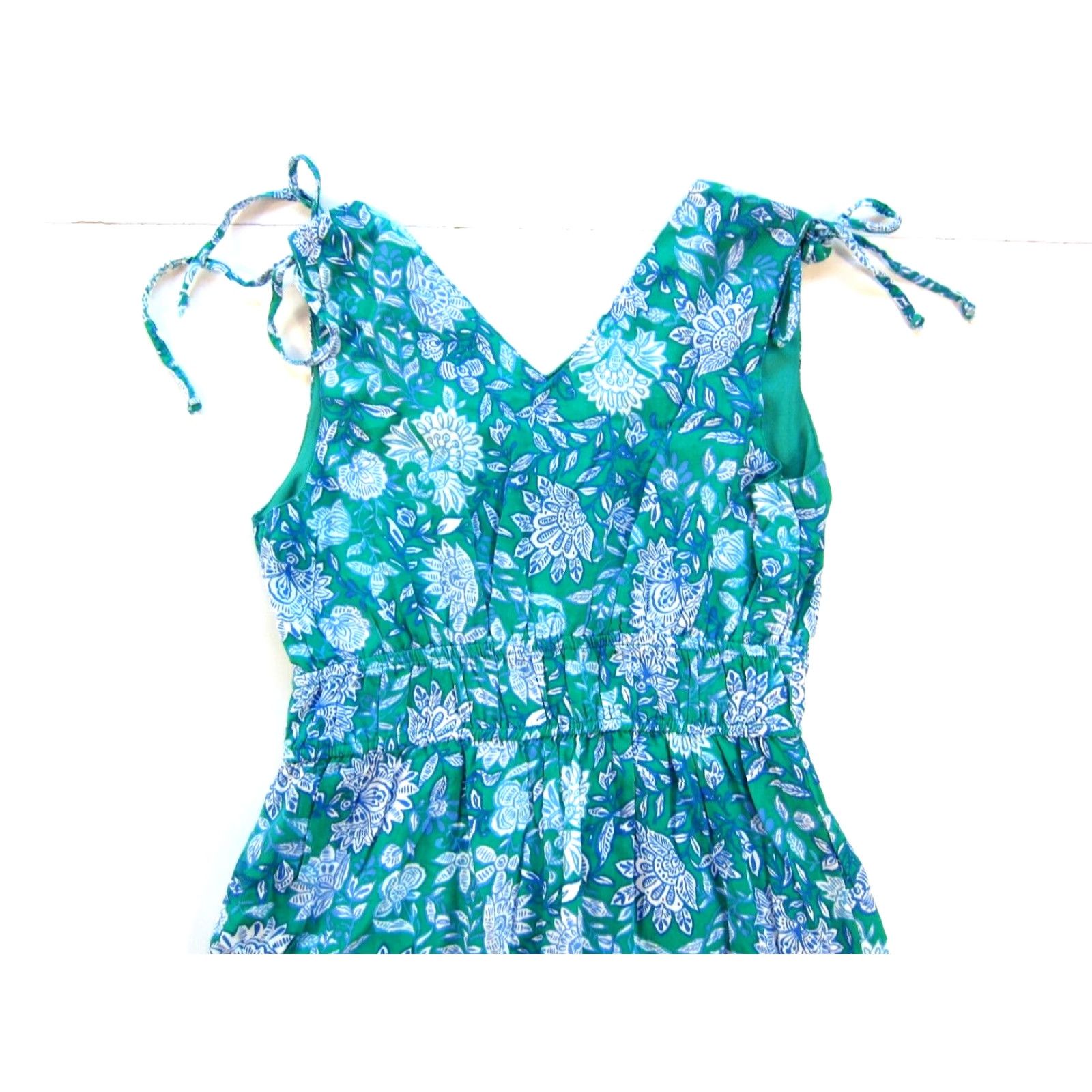 Vintage Japna 100% Rayon Green Blue White Floral V-Neck Long Maxi Sun Dress Small Womens Size S / US 4 / IT 40 - 5 Thumbnail