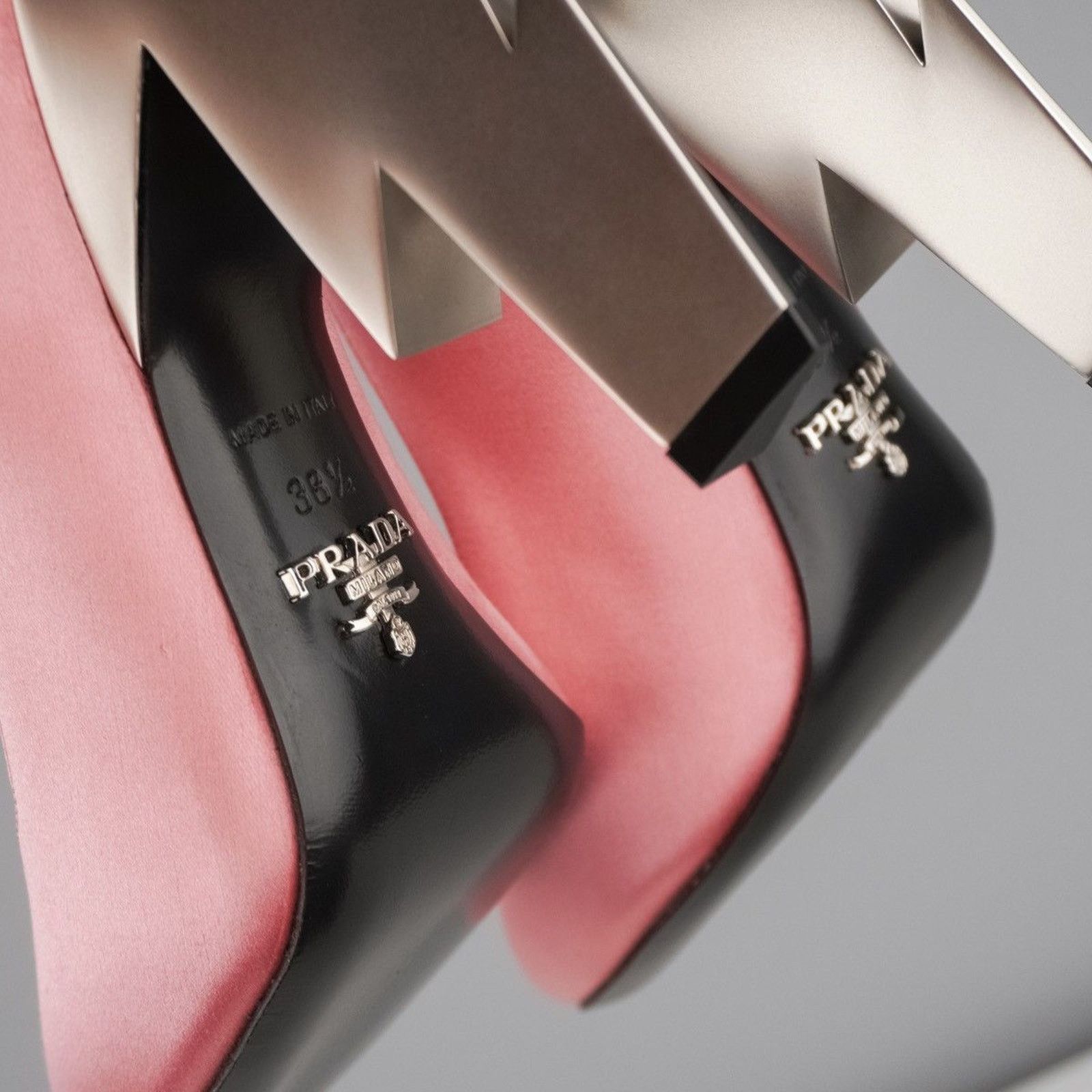 Prada Iconic prada satin pink silver logo metal bolt heels Size US 8.5 / IT 38.5 - 9 Thumbnail