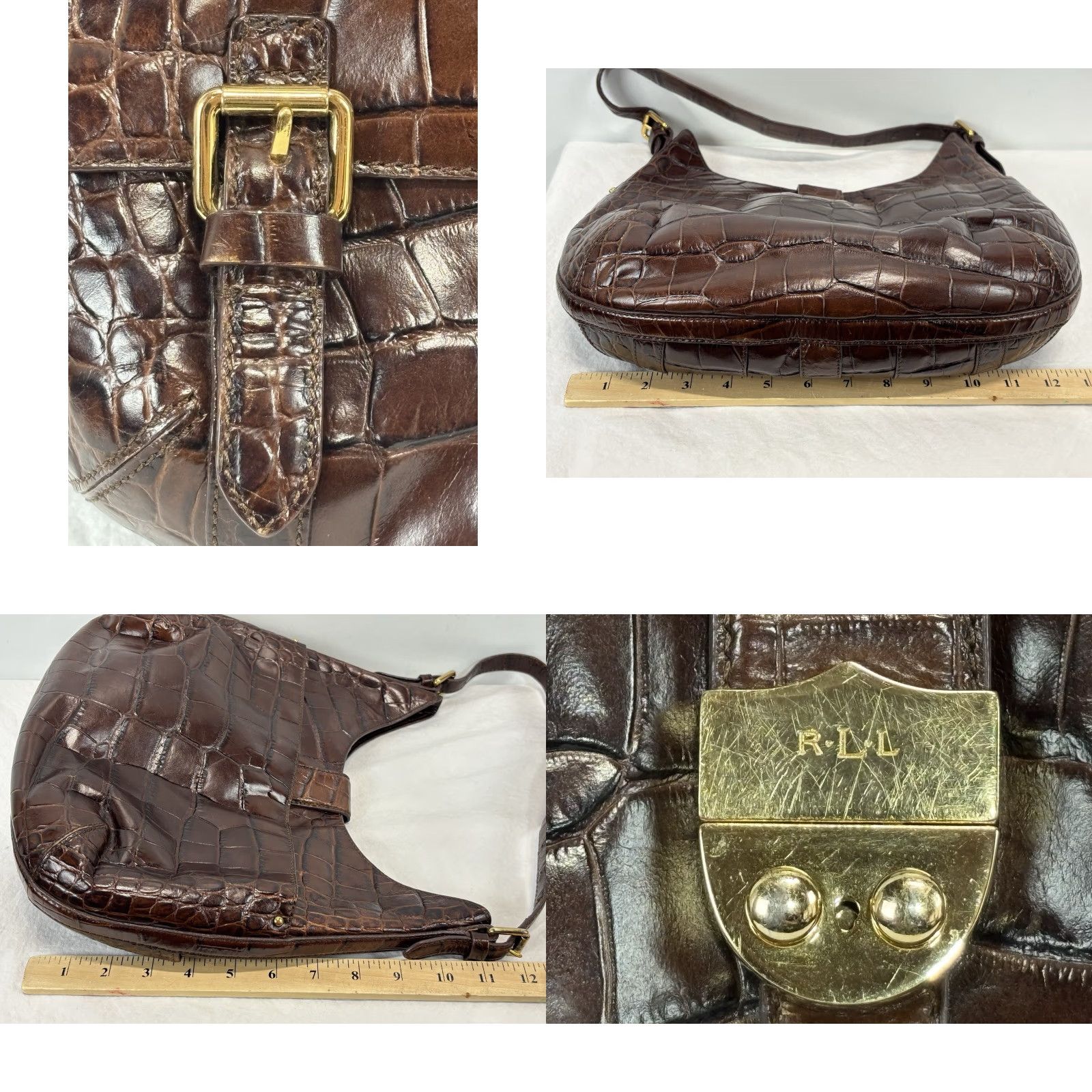 Ralph Lauren Lauren Ralph Lauren Croc Embossed Leather Hobo Purse Brown Shoulder Bag Women Medium Croc Brown Leather Gold Hardware 90s Designer Old Money Size ONE SIZE - 8 Thumbnail