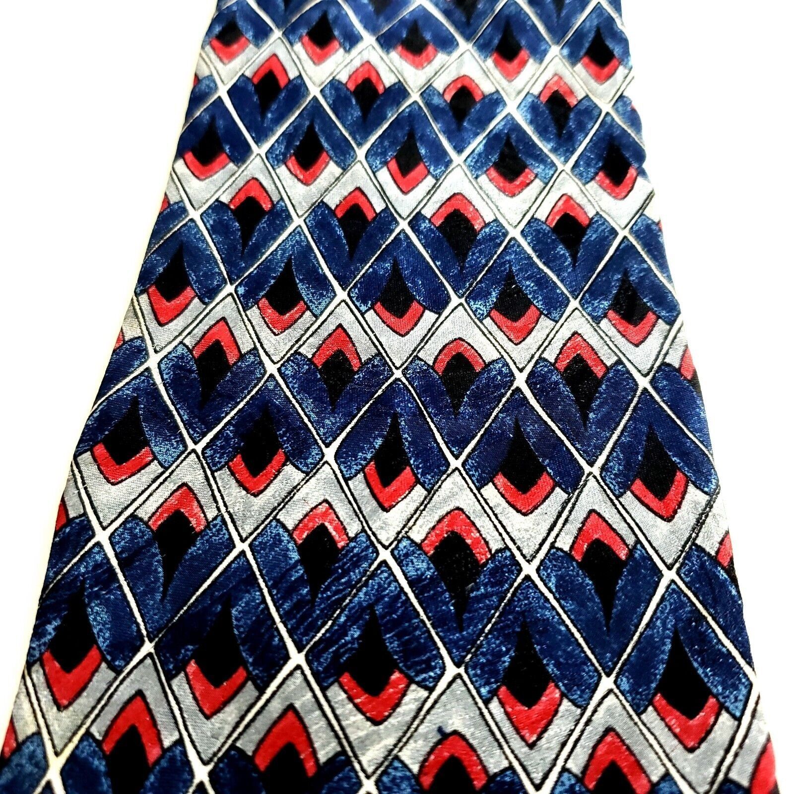 Vintage JT Beckett Blue Gray Red Geometric Print Wide Silk Tie Size ONE SIZE - 2 Thumbnail