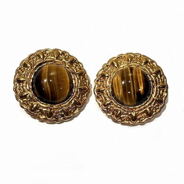 Chanel Chanel Chanel Tiger Eye Stone Metal Clip Earrings Metal Earrings in Great Condition Size ONE SIZE - 1 Thumbnail