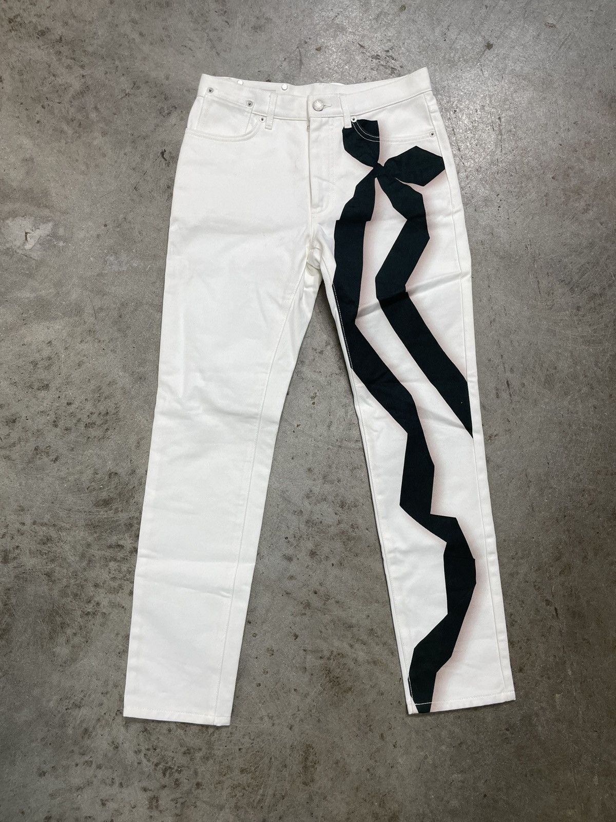 image of Dries Van Noten White Jeans Black Abstract Art Graphic Print, Men's (Size 26)