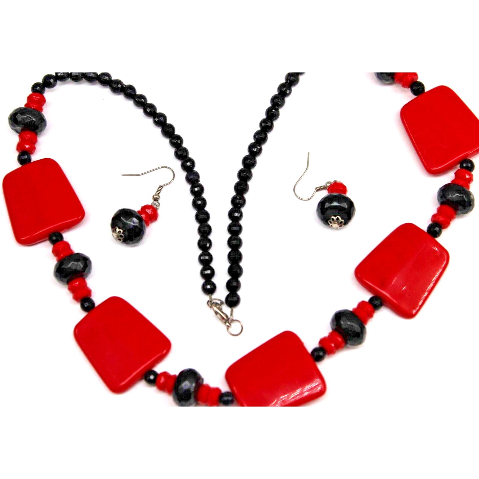 Other Vintage Red & Black Plastic Necklace Earring Set 24" Long Size ONE SIZE - 1 Thumbnail