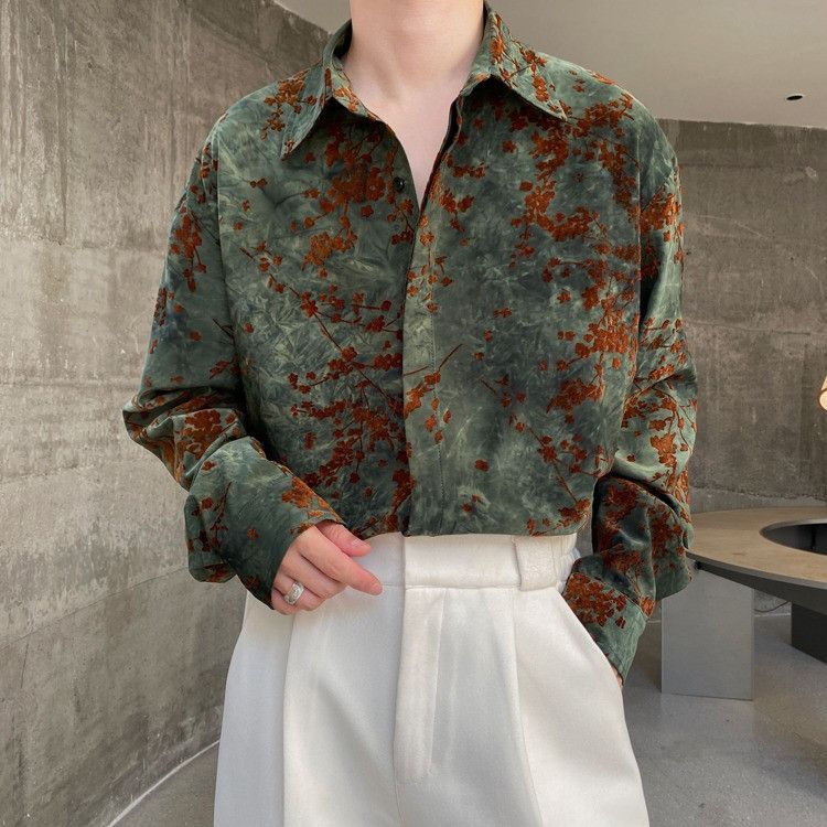 image of Crazy Shirts Floral Graphic Green Long Sleeve Shirt, Men's (Size Medium)