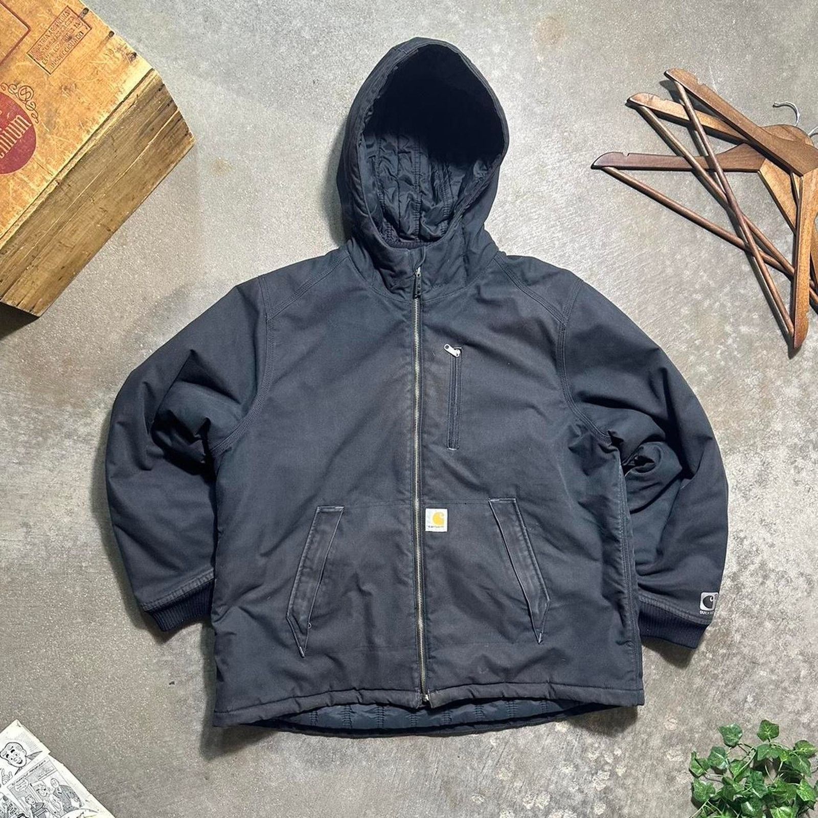 Carhartt Quick Duck Black Jacket Mens Large Hooded Work Coat