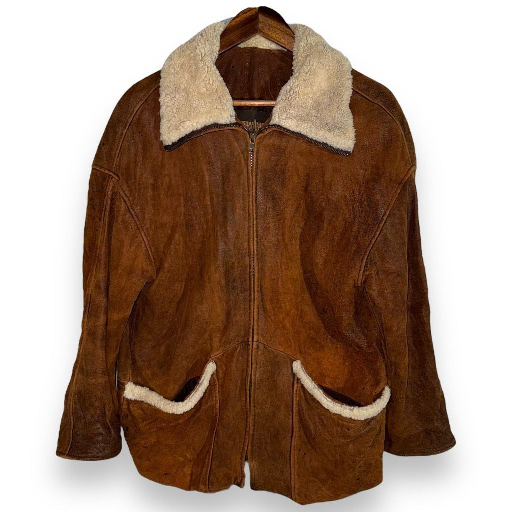 image of Genuine Leather x Leather Jacket 80's Country America Sherpa Collar Brown Suede Jacket Size M, Men'