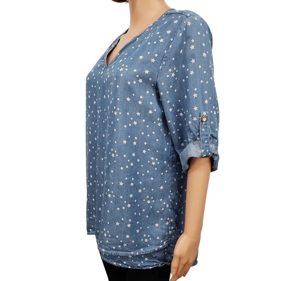 Neiman Marcus Philosophy Chambray Shirt Star Hi Low Tunic Roll Tab Tencel Size M / US 6-8 / IT 42-44 - 7 Thumbnail