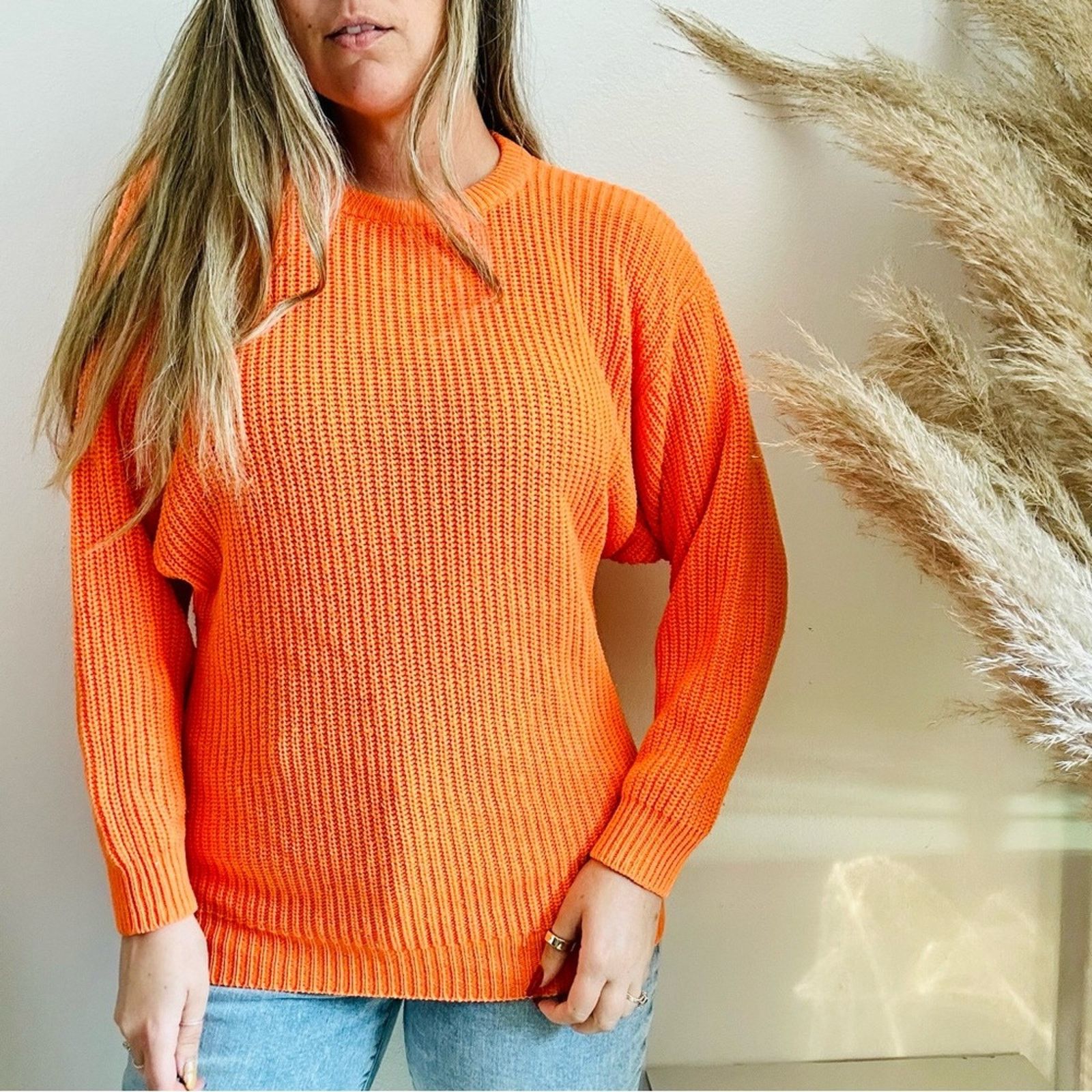 Express EXPRESS Neon Orange Chunky Knit Tunic Pullover Crew Sweater Size M / US 6-8 / IT 42-44 - 11 Thumbnail