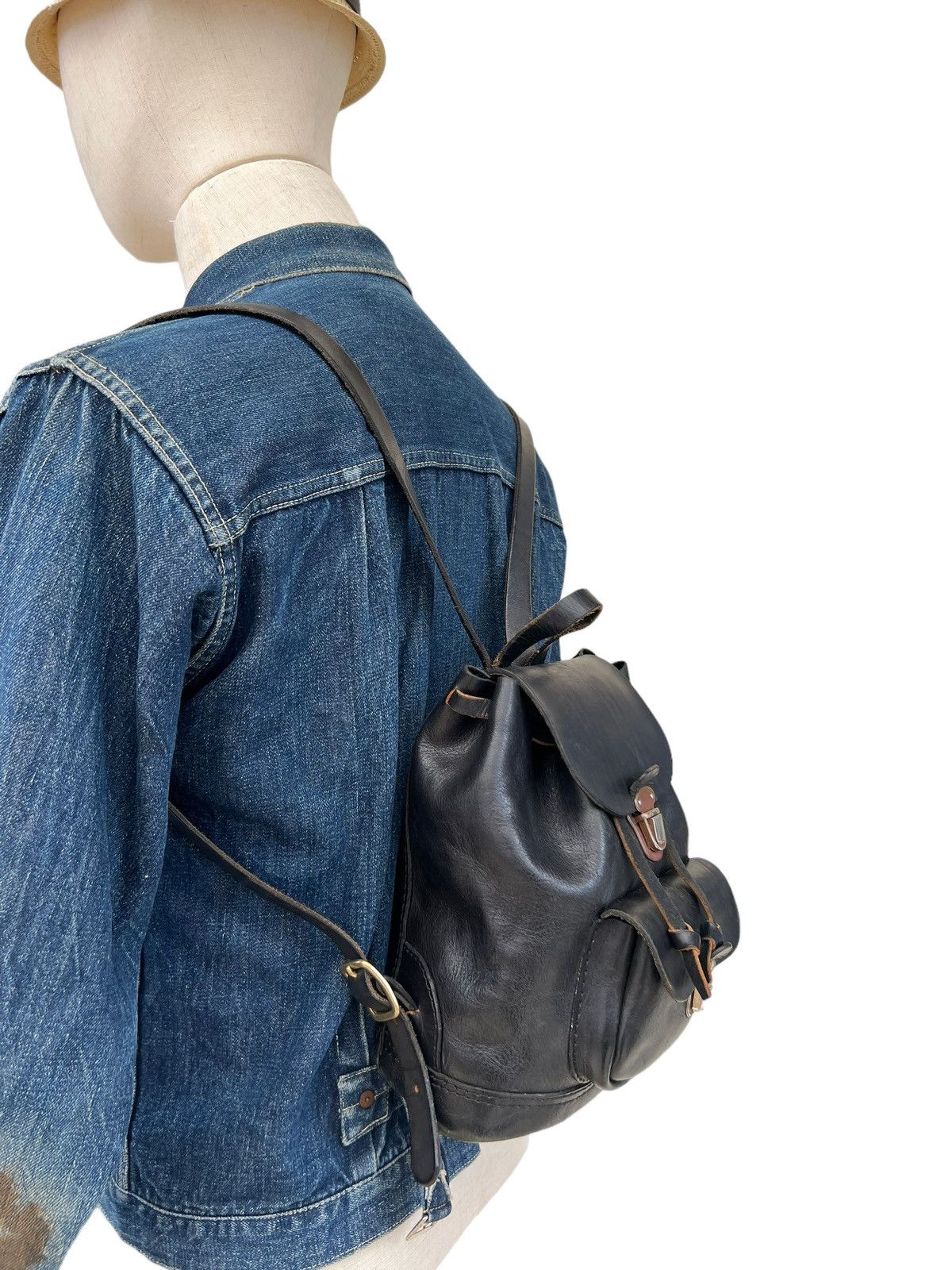 Leather Vintage HERZ Japan Patina Black Leather Mini Backpack Size ONE SIZE - 4 Thumbnail
