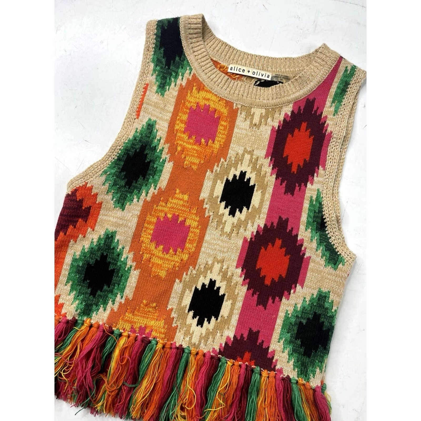 Alice + Olivia Alice + Olivia Tank Womens Small Reva Peplum Fringe Aztec Boho Festival Knitting Knit Crew Neck Sleeveless Multicolor XS S M L Size S / US 4 / IT 40 - 2 Thumbnail