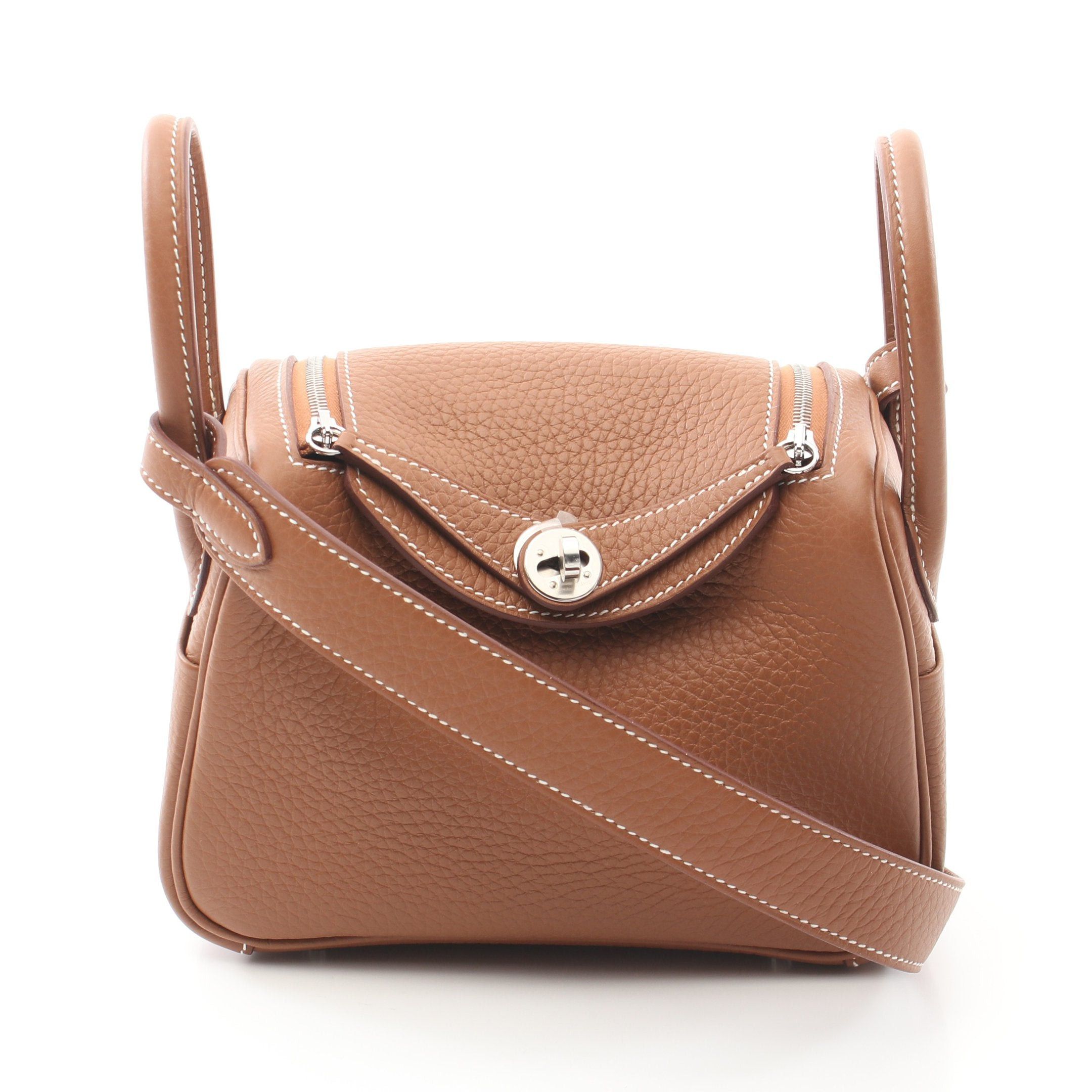 Hermes Hermes Lindy Mini Gold Shoulder Bag Clemence Leather Light Brown Silver Hardware Double Engraved Size ONE SIZE - 1 Thumbnail