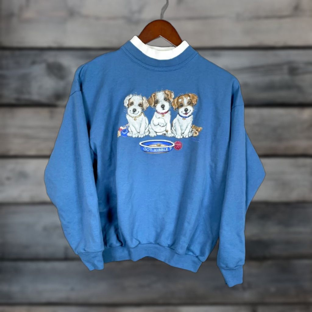 Vintage VINTAGE Morning Sun Sweatshirt Cat Dog Graphic Got Kibbles? Blue Light Mock Neck Pullover Raglan Sleeve Petite Medium Women's Size M / US 6-8 / IT 42-44 - 1 Thumbnail