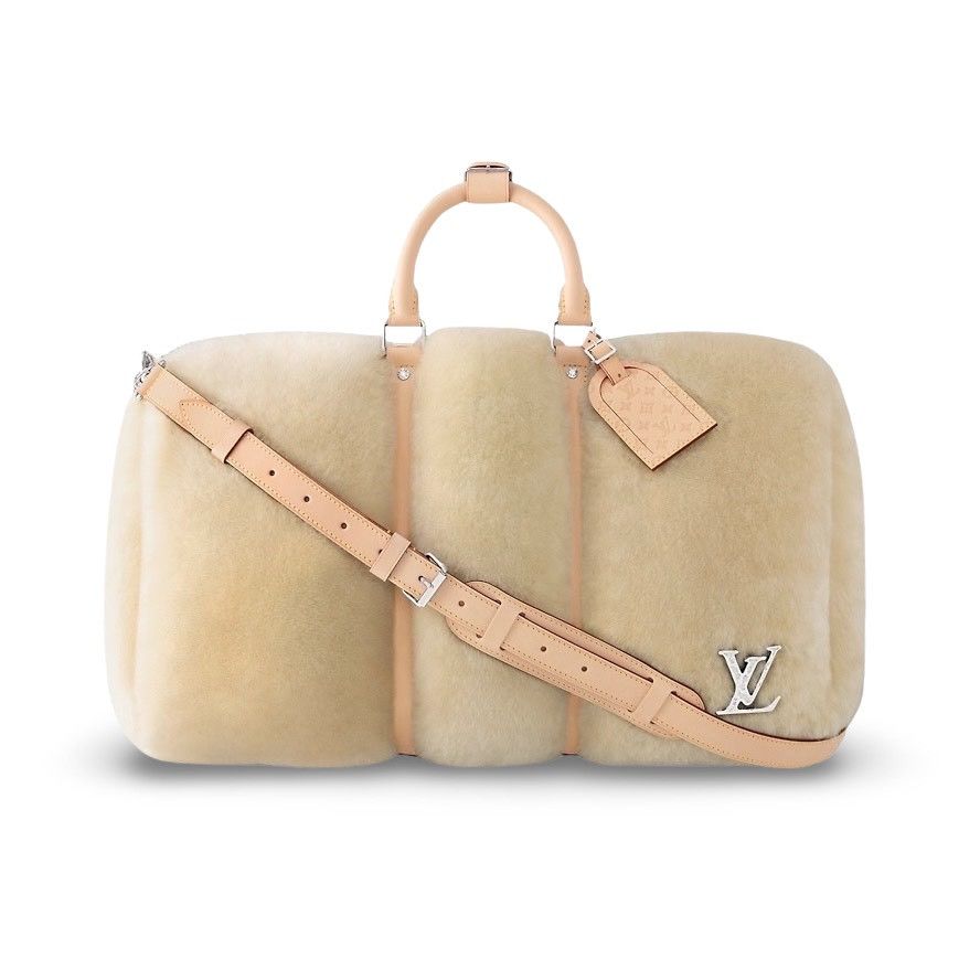 image of Louis Vuitton Mink Keepall Bandoulière 50 (Shearling) Duffle in Beige Fur, Men's