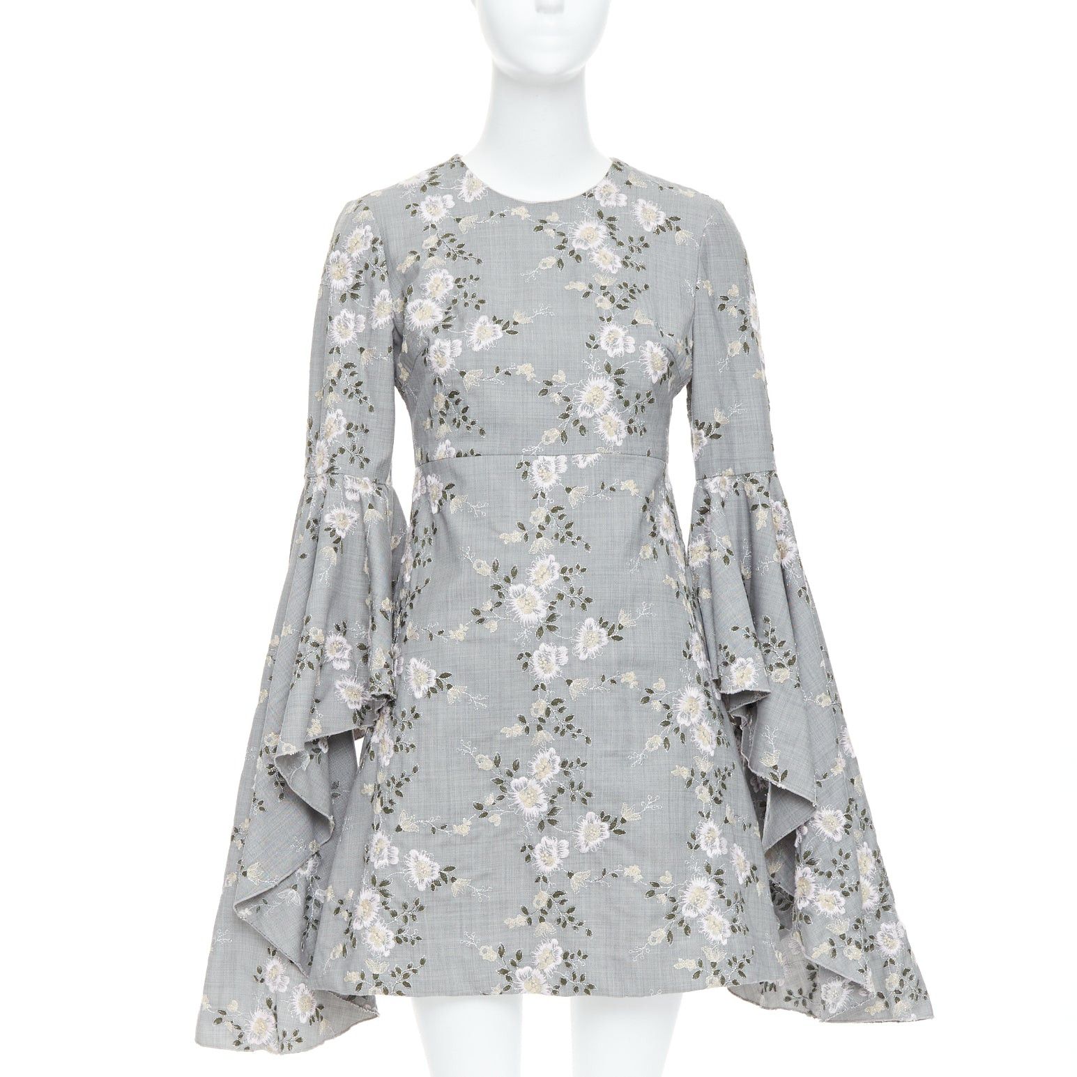Giambattista Valli GIAMBATTISTA VALLI grey wool floral embroidery cascade bell sleeve dress IT38 XXS Size XS / US 0-2 / IT 36-38 - 1 Thumbnail