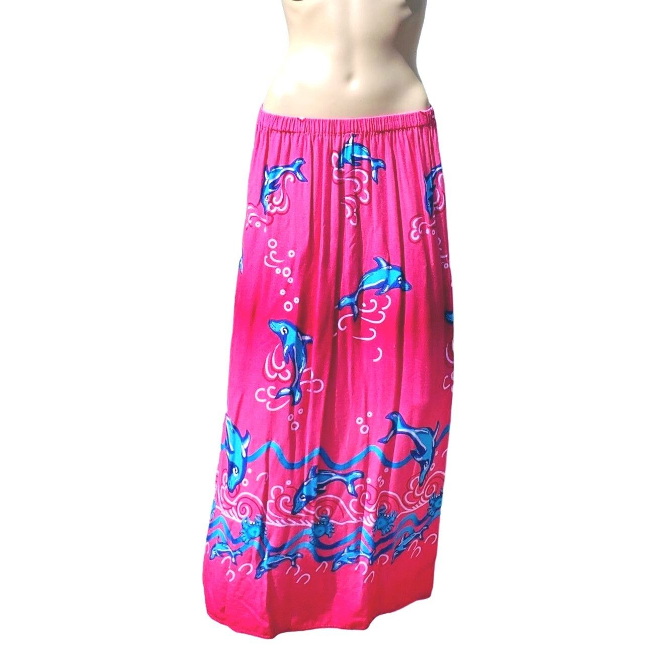 Other Midi Skirt Summer Pink Rayon Medium Blue Dolphins Curved Hem Size 32" / US 10 / IT 46 - 5 Thumbnail