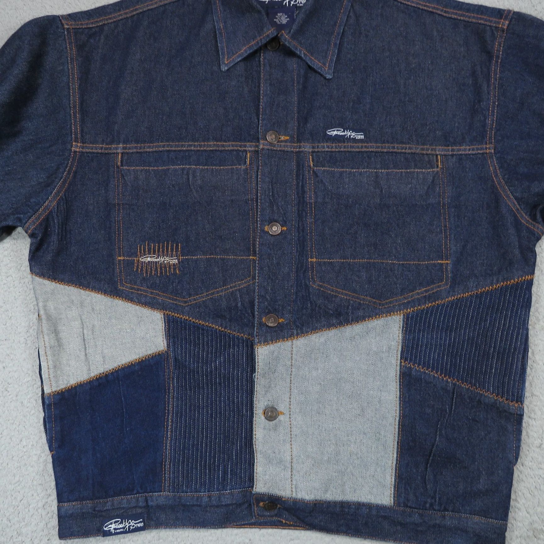 Express VINTAGE Brooklyn Xpress Jacket Men L Blue Denim Patchwork Streetwear BlackLabel? Size US 33 - 2 Thumbnail