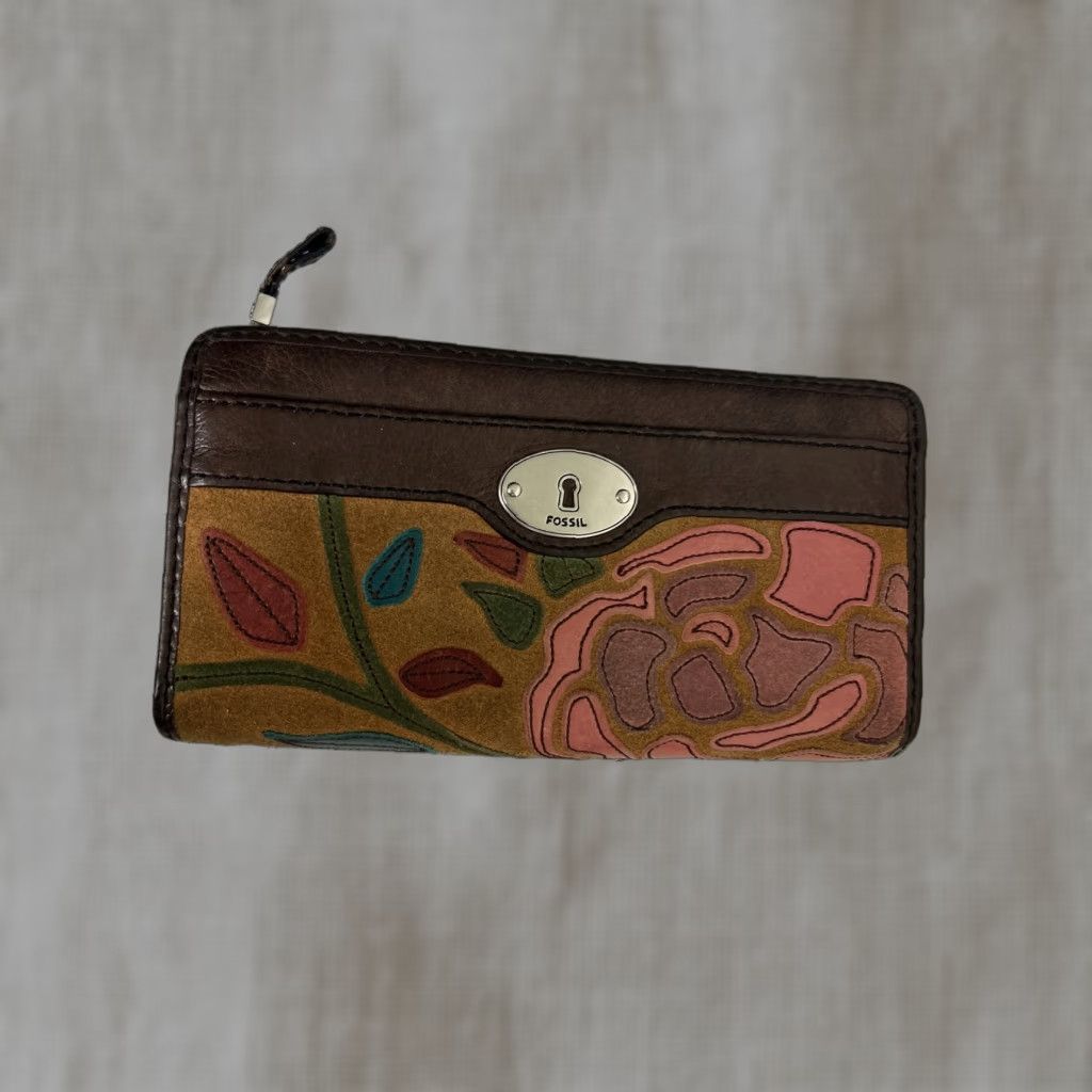 Fossil Fossil Wallet Floral Print Zip-Around Leather Trim Blue Pink Green Red Large Women Wallet Zip-Around Floral Pattern Leather Fossil Size ONE SIZE - 1 Thumbnail