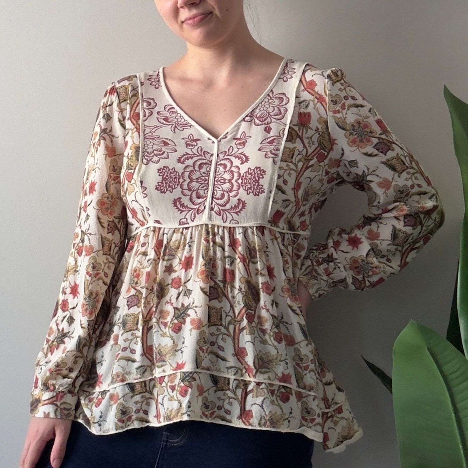Sundance Autumn Print Floral Blouse Button Cuff Long Sleeve