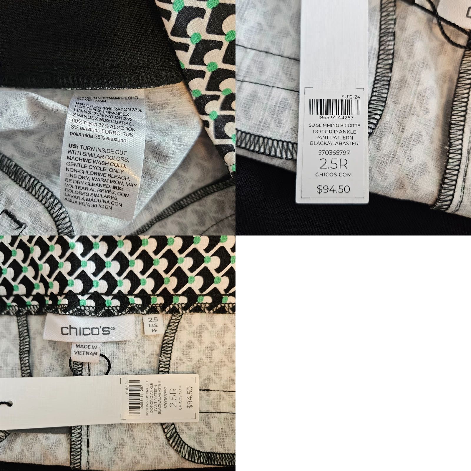 Vintage Chico's Womens Brigitte Slim Leg Ankle Pants Sz 14 Black Green Slimming Cotton Rayon Spandex Geometric Inseam 27" Vintage No Size 36" / US 14 / IT 50 - 8 Thumbnail